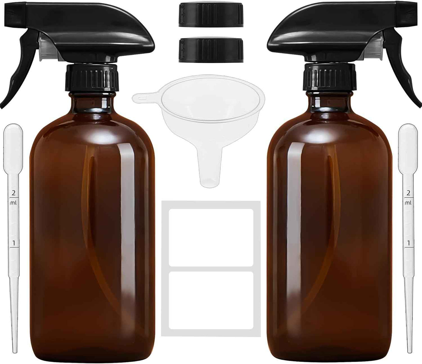 Amber Glass Spray Bottles 16 oz - Refillable Empty Spray Bottles for Cleaning, Essential Oils, Plants, Hair Mister - 2 Pack
