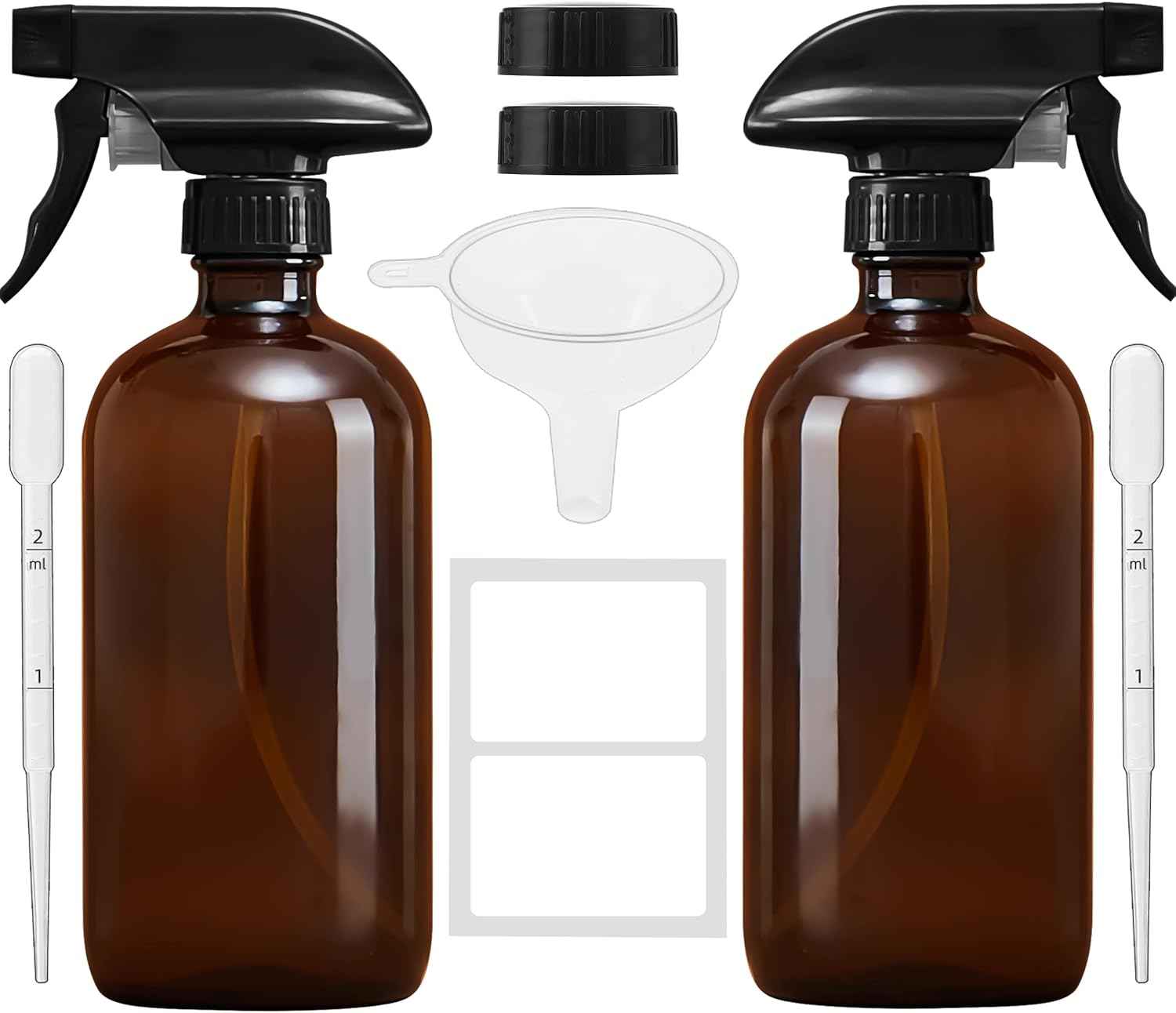 Amber Glass Spray Bottles 16 oz - Refillable Empty Spray Bottles for Cleaning, Essential Oils, Plants, Hair Mister - 2 Pack