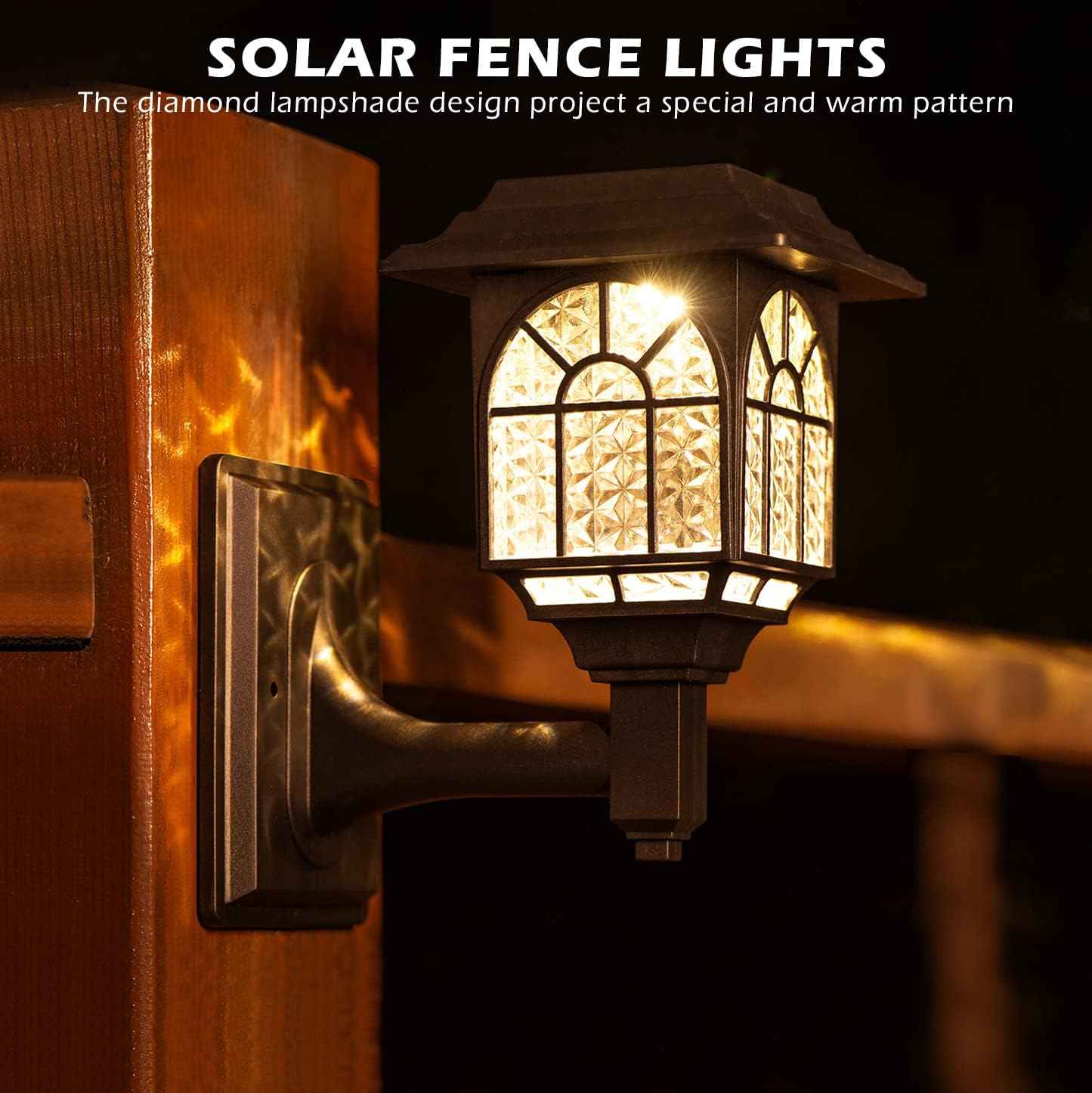 LeiDrail Solar Fence Lights, 4 Pack Solar Lights Outdoor Waterproof Lantern Warm White LED Wall Deck Post Landscape Lighting for Garden Yard Patio Front Door