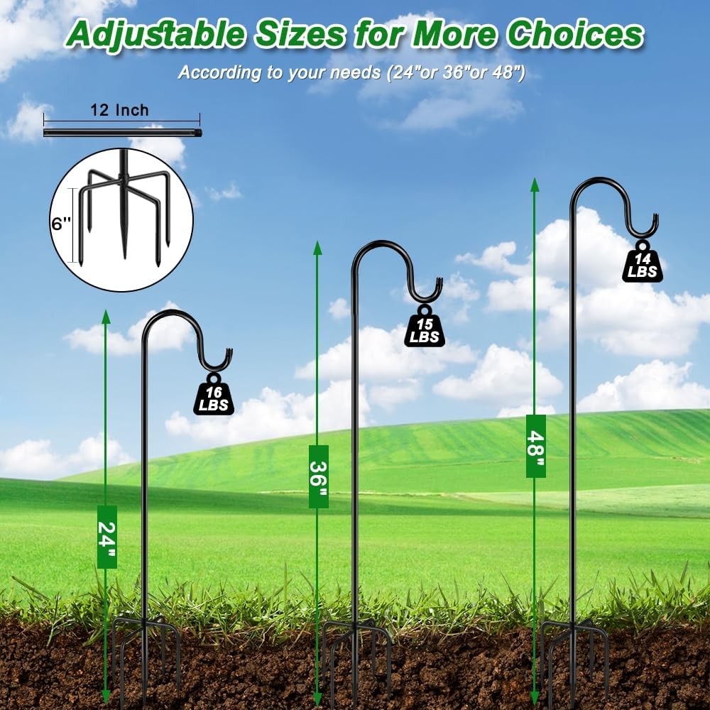 48 Inch Shepherds Hooks for Outdoor, Heavy Duty Bird Feeder Pole with 5 Prong Bases, Garden Hanging Stake for Bird Feeder, Solar Light, Plant Hanger, Wedding Decor, Metal Hanger Hooks, Black, 2 Packs