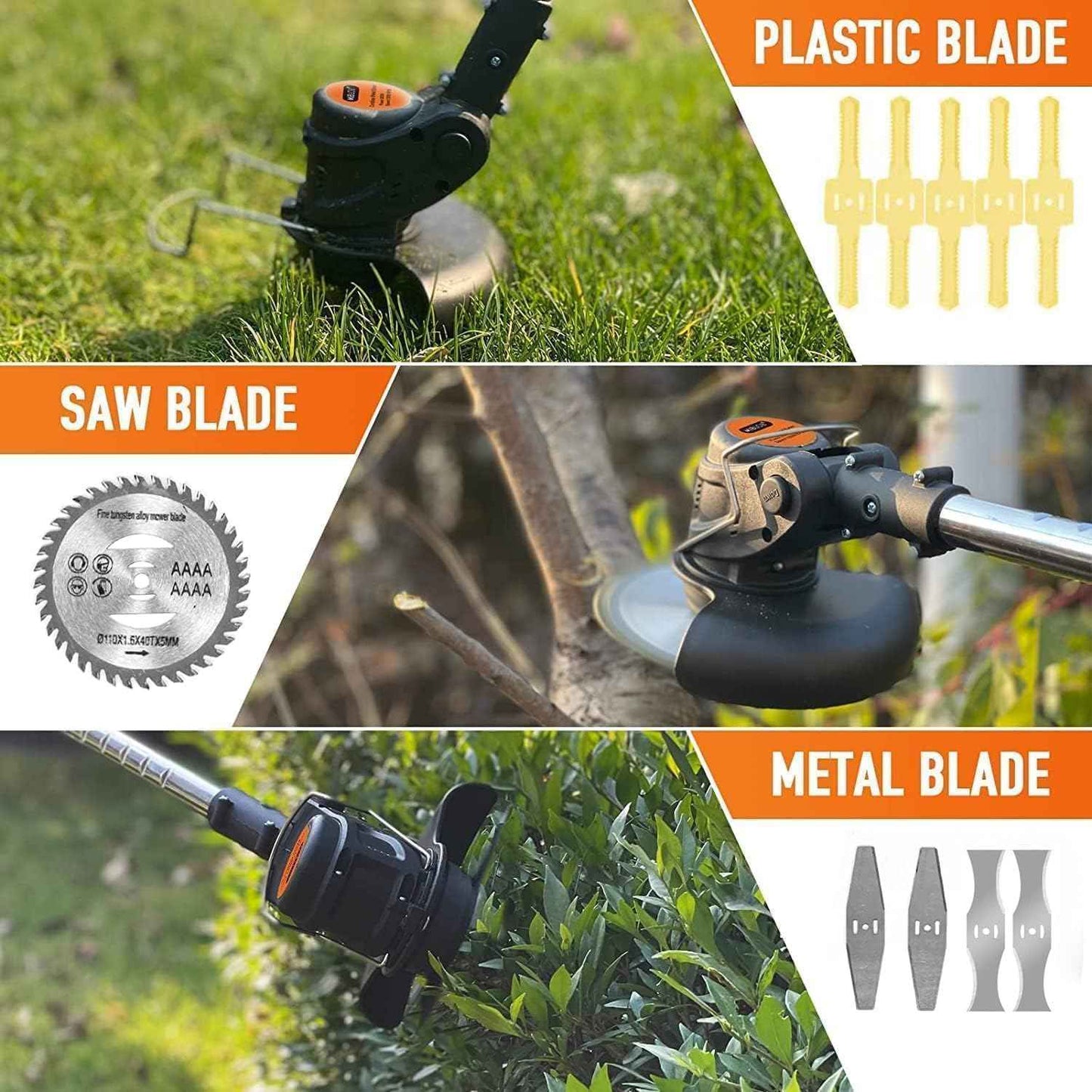 Electric Weed Wacker Cordless, 21V Lightweight Weed Wacker Battery Powered Brush Cutter, 3-in-1 Grass Trimmer/StringlessWeed Trimmer/Edger with Wheels&3Types Blades for Lawn, Garden & Yard