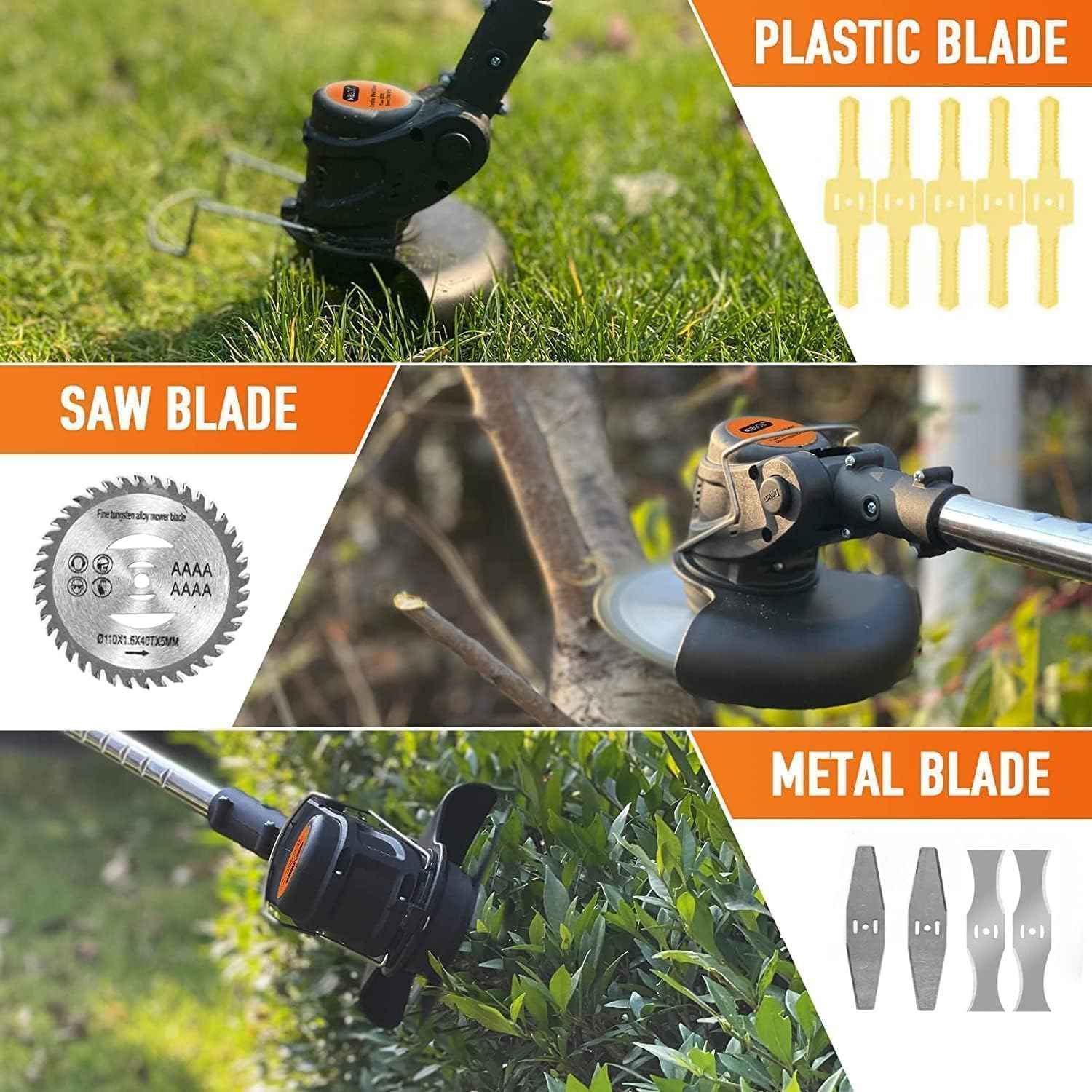 Electric Weed Wacker Cordless, 21V Lightweight Weed Wacker Battery Powered Brush Cutter, 3-in-1 Grass Trimmer/StringlessWeed Trimmer/Edger with Wheels&3Types Blades for Lawn, Garden & Yard