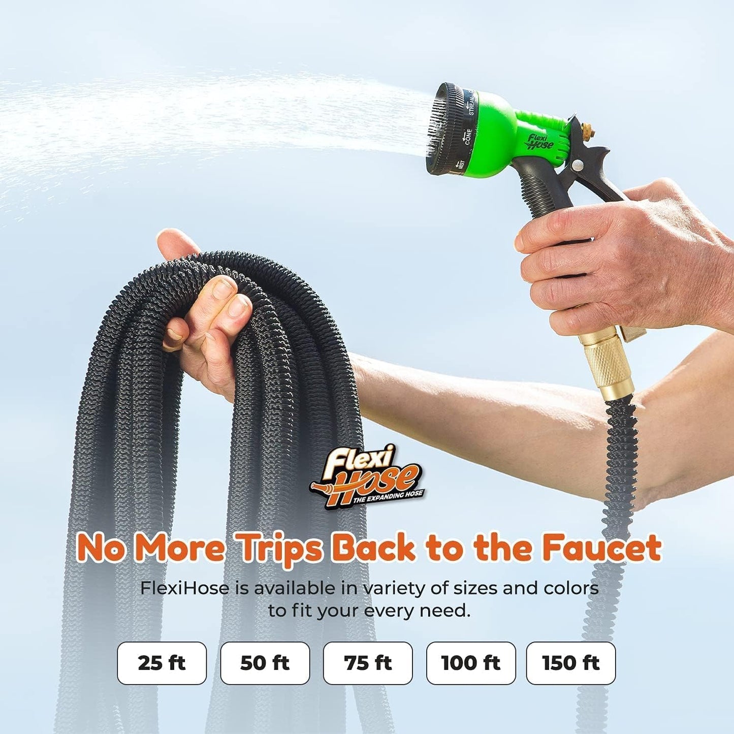 Flexi Hose with 8 Function Nozzle, 25FT - Lightweight Expandable Garden Hose, No-Kink Flexibility, 3/4 Inch Solid Brass Fittings and Double Latex Core