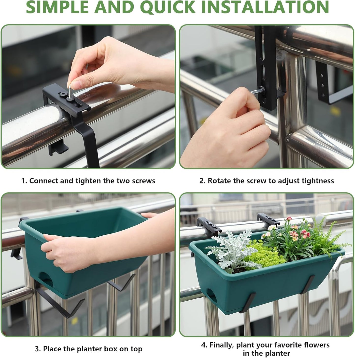 Railing Planter Box 4 Pack Deck Porch Railing Planters 17 inch Window Boxes Planters with Adjustable Brackets, Hanging Wall Planters for Plants, Fence Apartment Balcony Patio Over Rail Decor, Green