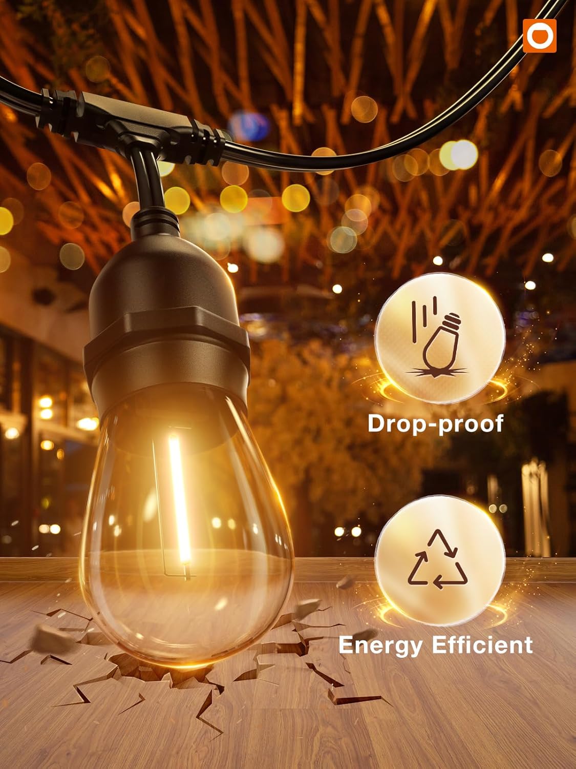 addlon LED Outdoor String Lights 24FT with Edison Vintage Shatterproof Bulbs and Commercial Grade Weatherproof Strand - ETL Listed Heavy-Duty Decorative Cafe, Patio, Market Light