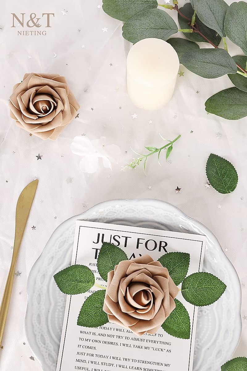 N&T NIETING Artificial Flowers Light Brown Roses, 50 Pcs Faux Flowers Fake Flowers Perfect for DIY Wedding Bouquets Centerpieces Birthday Party Home Flower Arrangement Decorations Fall Flowers