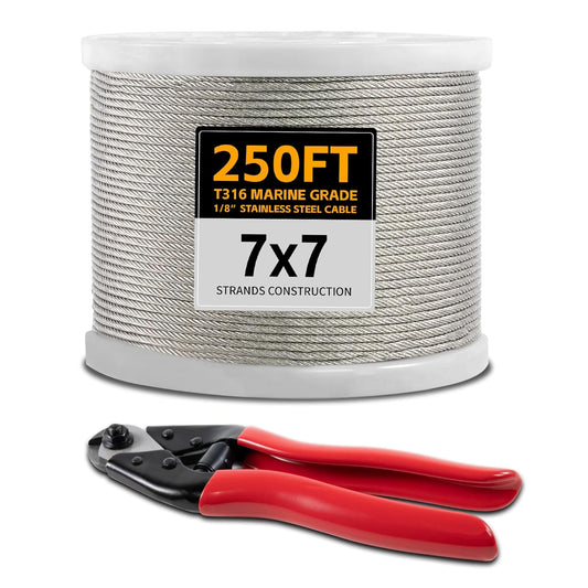 250FT 1/8" Stainless Steel Cable Wire Rope with Cutter, Cable for Deck Railing, 1800 lb Breaking Strength 7x7 Strands, T316 Aircraft Cable for Stair, Fence, Porch