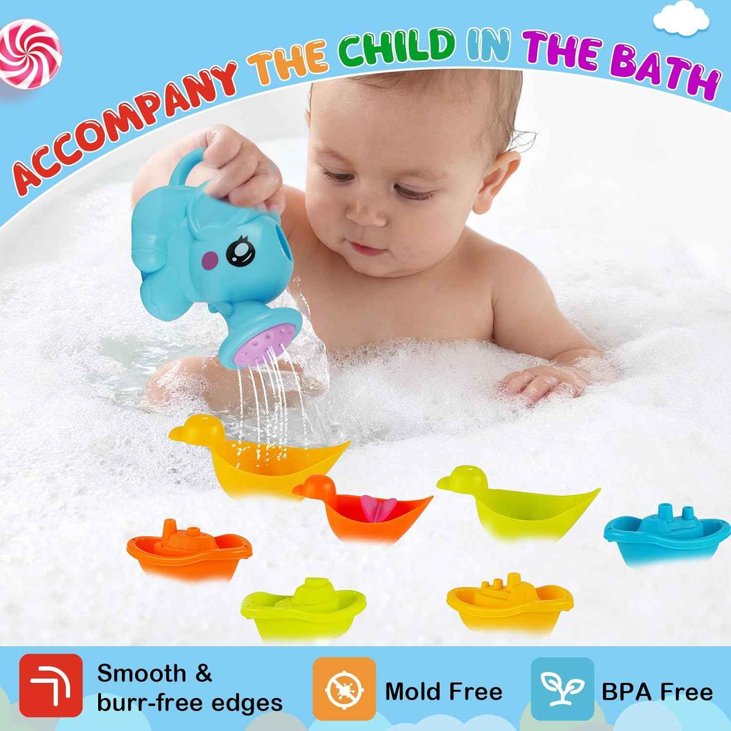 Baby Bath Toys for Kids,12 PCS Mold Free Bath Toys for Toddlers with Floating Boats,Watering Can,Floating Ducks & Bath Spoons, Bathtub Water Pool Toys for Babies and Toddlers