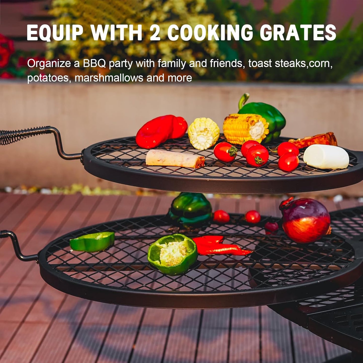 42 Inch BBQ Fire Pit with 2 Grills,3-in-1 Outdoor Round Metal Fire Pit Table with Lid,Fire Poker,Large Outdoor Wood Burning Firepits for Outside,Picnic,Bonfire Backyard Patio(Black)