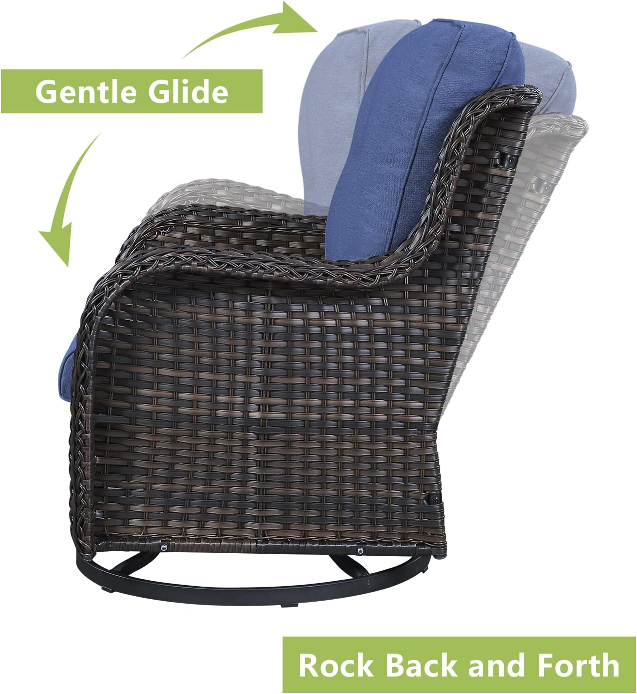 Outdoor Patio Swivel Rocker Chairs - Wicker Rattan Patio Swivel Rocking Chairs Set of 2 with High Back,Deep Seating and Comfort Cushions for Deck Porch Garden,Brown/Blue