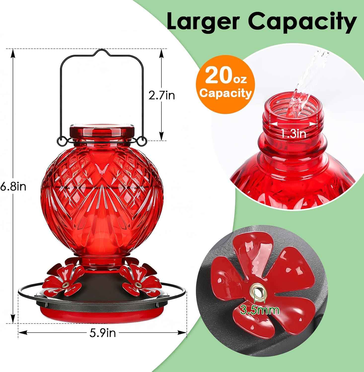 Glass Hummingbird Feeder for Outdoors Hanging, 20oz Bird Nectar Feeder with 4 Bee Guard Flower-Shaped Feeding Ports & Built-in Ant Moat, Easy to Clean, for Bird Lover,1 Pack, Red