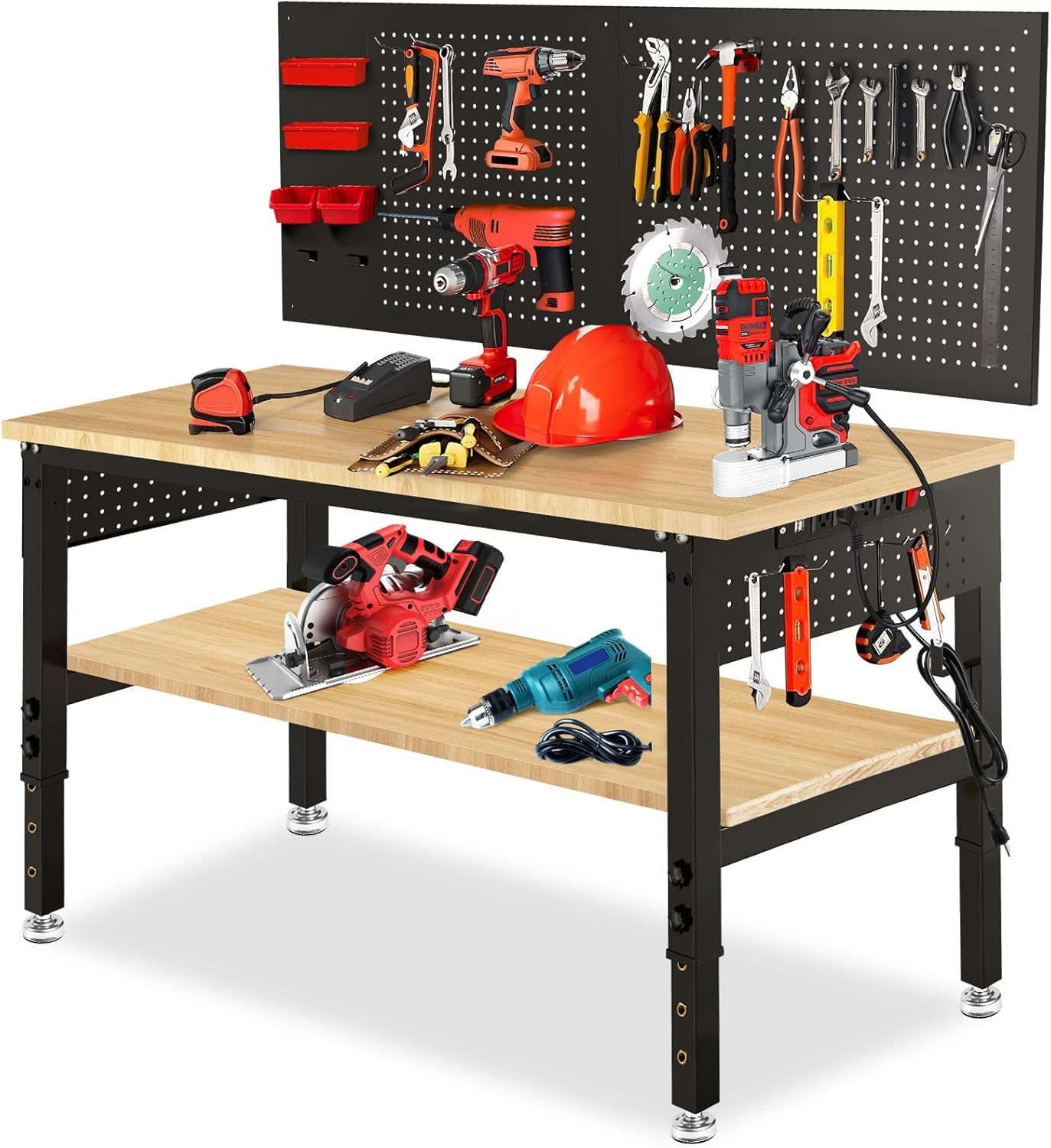 48“ Adjustable Height Workbench Work Bench for Garage Work Table with Under Table Shelf Heavy Duty Rubber Wood Top for Shop Woodworking, Office, Home, Commercial