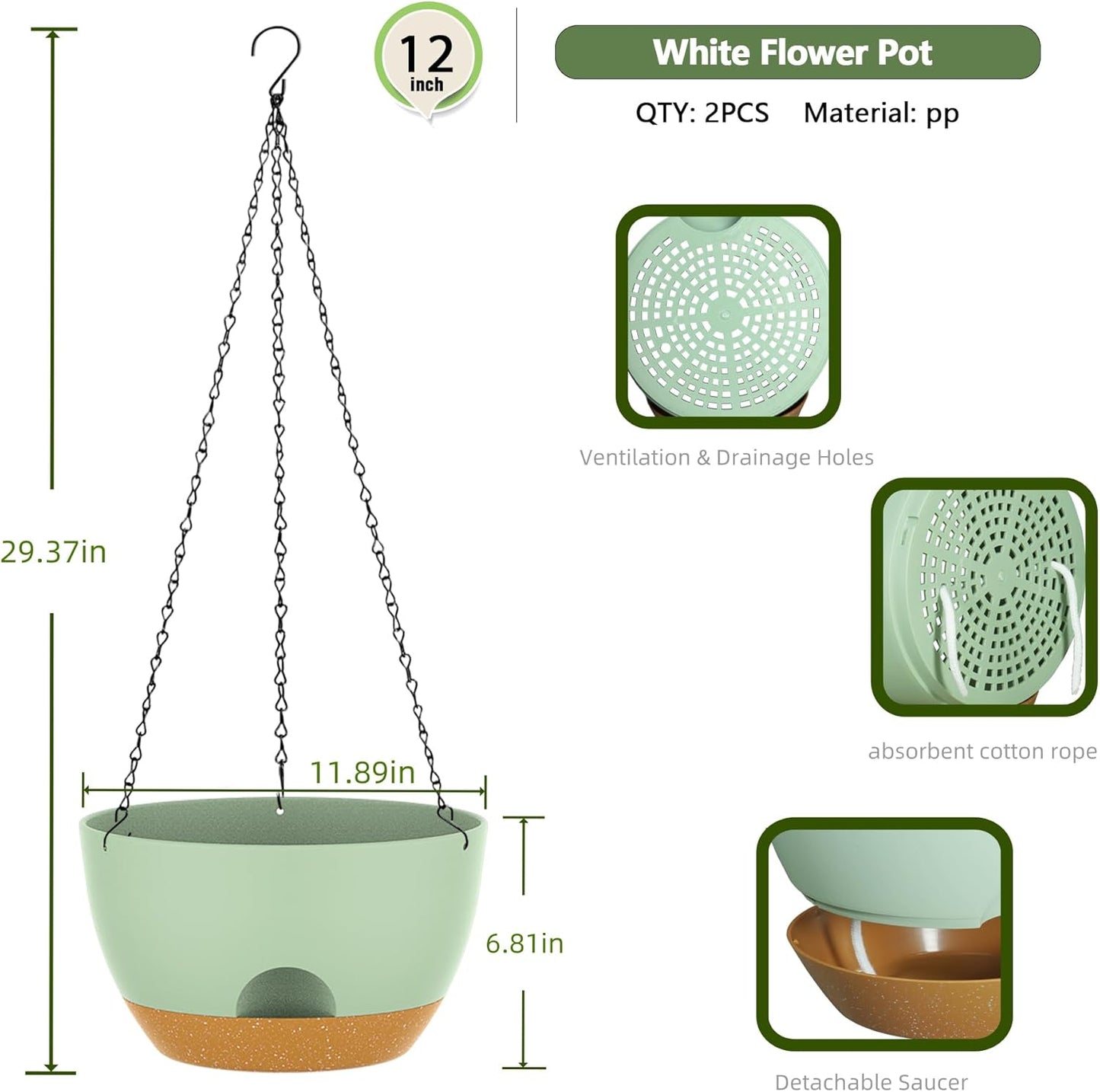 12 Inch Hanging Baskets 2 PC with Chains, Self-Watering Hanging Planters for Indoor Outdoor Plants, Plastic Hanging Flower Pots,Green Brown