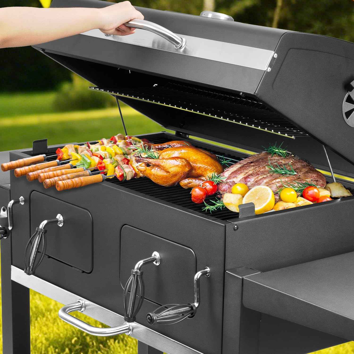 Kenadne Charcoal Grill Outdoor BBQ Grill, Extra Large Cooking Area 794 Square Inches with Two Adjustable & Individual Charcoal Tray, Foldable Side Tables for Outdoor Cooking grill Backyard