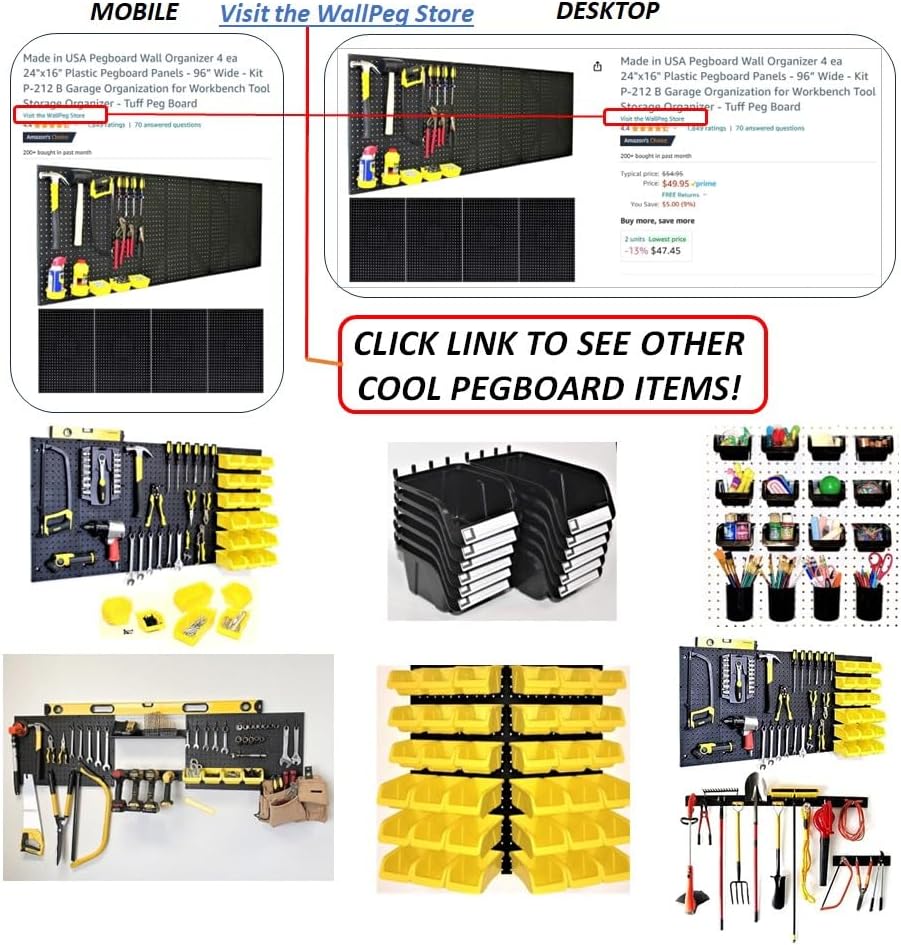 WallPeg 2 Black Pegboard Panels (24"x16" Each) with 36 Assorted Peg Hooks – Heavy-Duty Peg Board Garage Organizer Kit – Patented Flex-Lock Hooks – Made in USA Wall Storage System