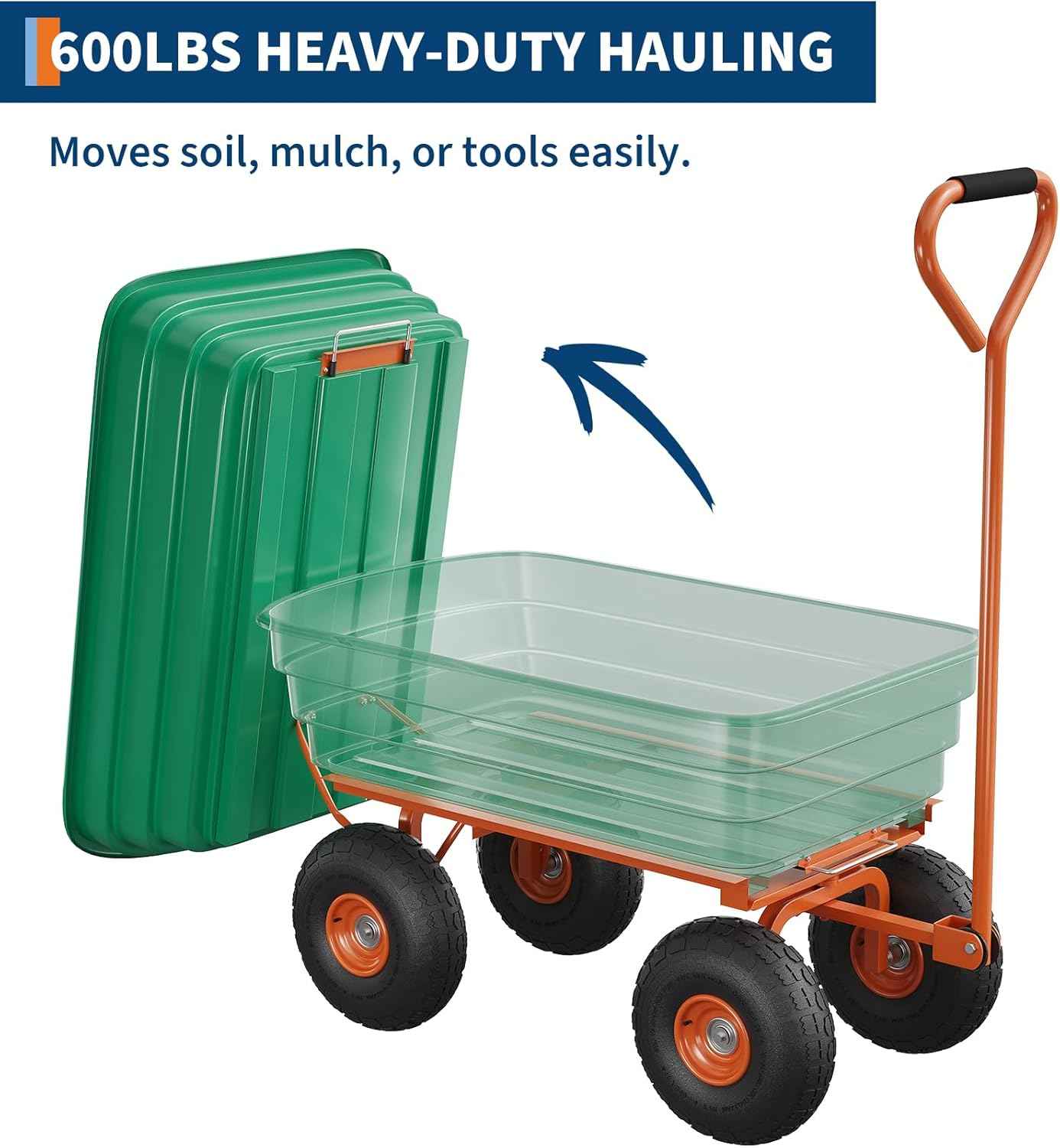 Poly Dump Cart, 4 Cu.Ft. Heavy Duty 600 LBS Garden Cart, 10" No-Flat Tires & 180° Rotating Handle, Rust-Proof Polyethylene Yard Dump Wagon for Yard, Landscaping, Gardening, Quick Release