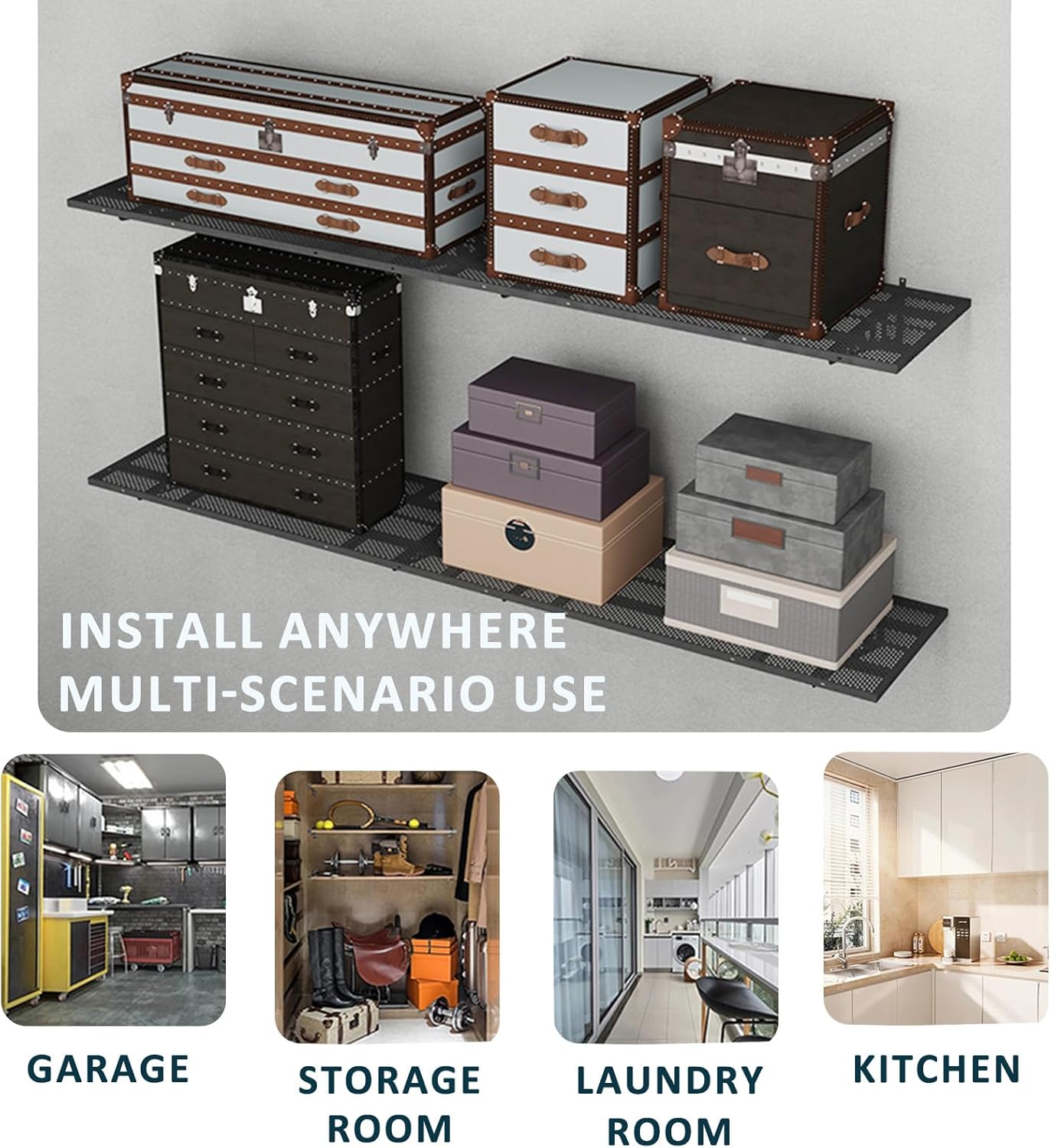 New 4 Pack Garage Wall Shelving, Heavy Duty 1.5' x 3.8' Wall Mount Storage Shelf with Hooks, Garage Storage Rack Floating Shelves, Holds 250 lbs Each