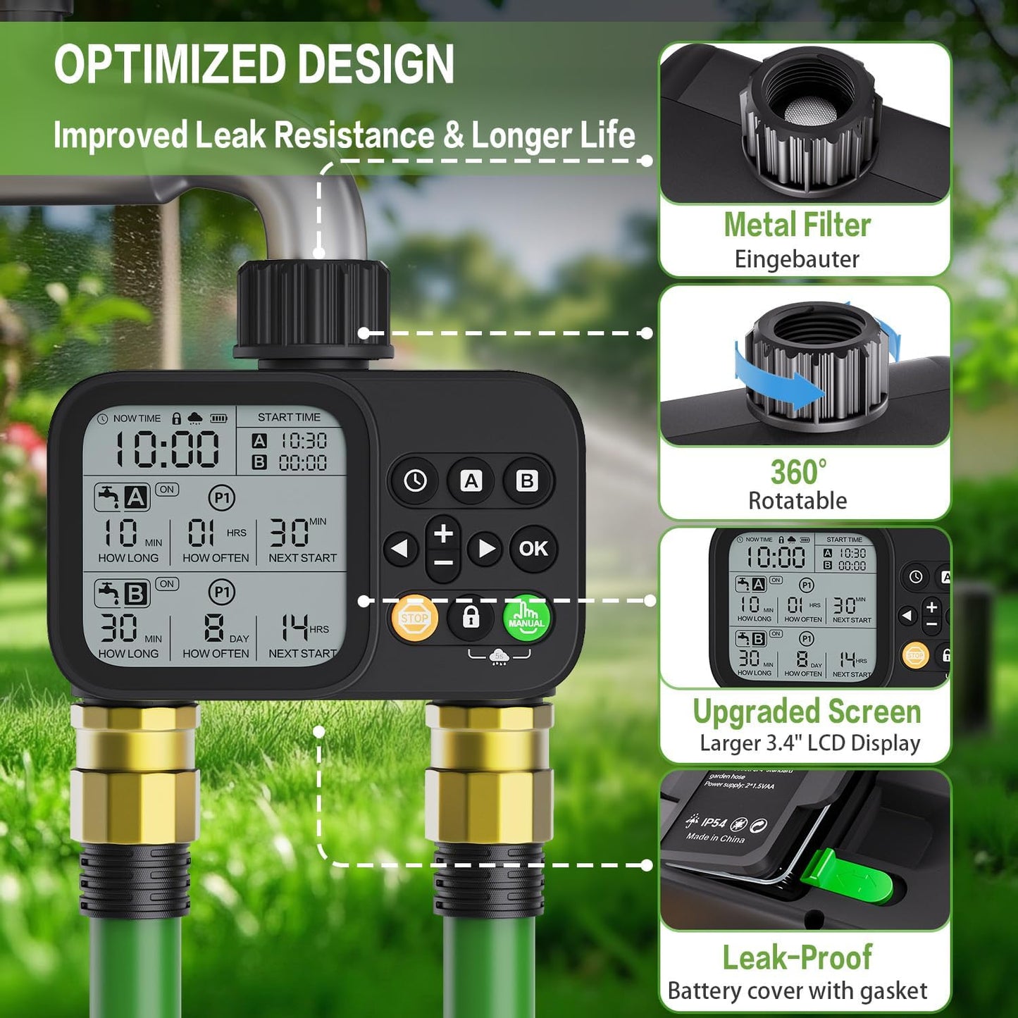 Sprinkler Timer 2 Outlets, Programmable Water Hose Timer with Rain Delay/Manual/Automatic Watering System, Outdoor Digital Automatic Irrigation for Garden Yard Lawn with Large Display(Black)