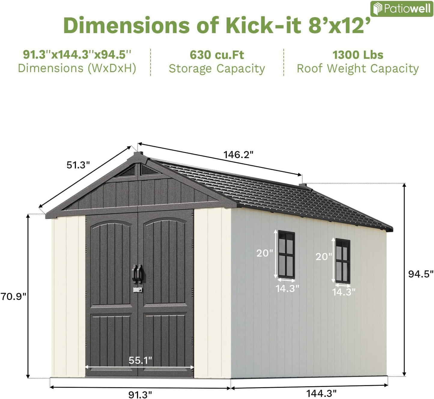 Patiowell 8 x 12 FT Resin Outdoor Storage Shed with Floor, Large Shed with Light and Lockable Door for Garden, Backyard, Tool Storage Use, Easy to Install in Beige (Kick-it Shed)