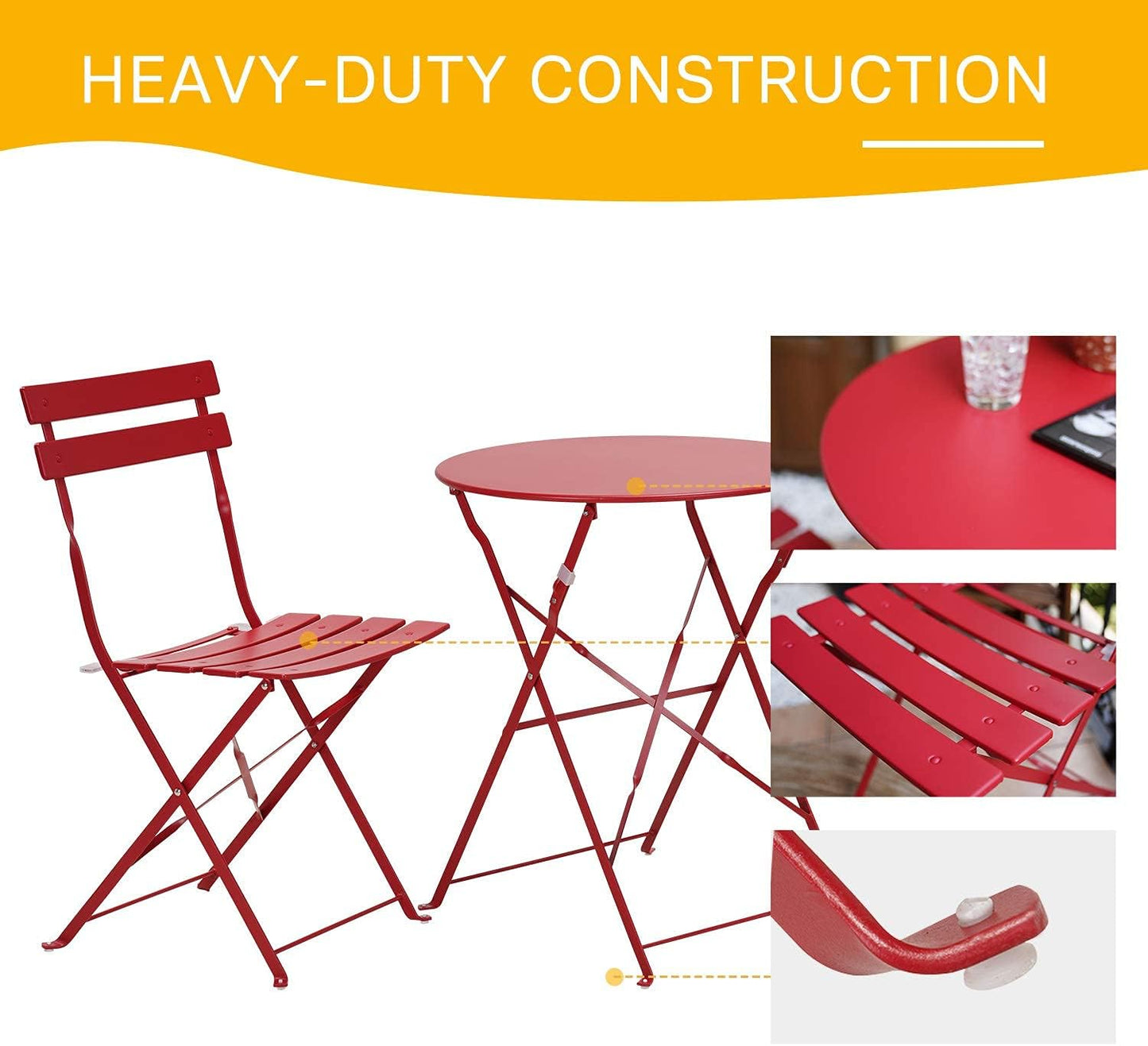 Grand patio 3-Piece Folding Bistro Set, 2 Chairs and 1 Table, Weather-Resistant Outdoor/Indoor Conversation Set for Patio, Yard, Garden -Dark Red