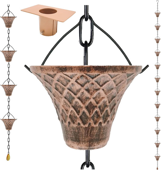 8.5FT Bell Iron Rain Chains for Gutter and Rain Barrel, Rust-Resistant Plated Garden Décor for Downspout, Bonus Rain Chain Gutter Adapter (Antique-Copper)