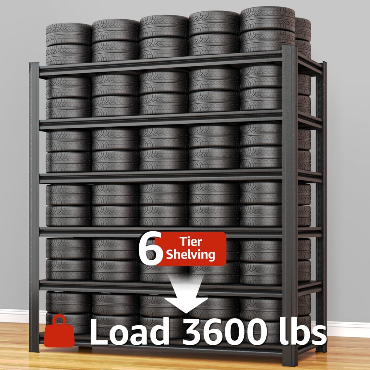 6 Tier Metal Shelving Unit 84" H x 55.12" W x 24" D, 3600LBS Adjustable Storage Shelves, Heavy Duty Garage Shelves for Warehouse, Basement, Kitchen, Pantry, Living Room, Black