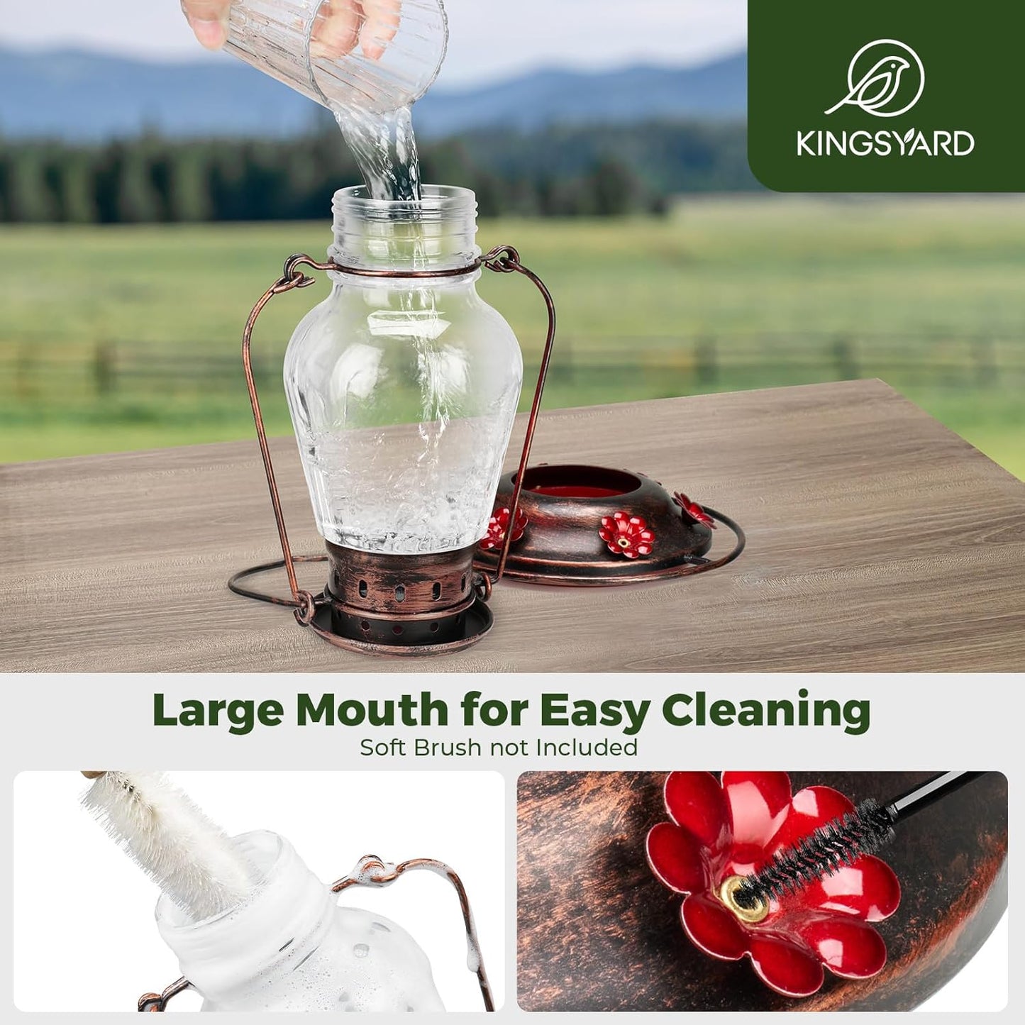 Kingsyard Glass Hummingbird Feeder for Outdoors Hanging - Vintage Lantern Style Leak-Proof Humming Bird Nectar Feeder with 6 Feeding Ports & Ant Moat for Outdoor Garden Decor, 24 Oz, Vintage Clear