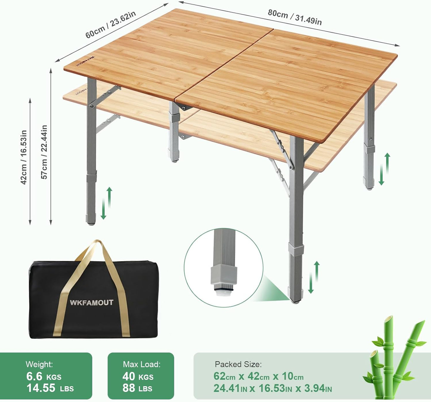 Bamboo Folding Camping Table 2-Folds with Adjustable Aluminum Legs Portable Picnic Table with Carry Bag for Outdoor Hiking Beach 2-4 Person