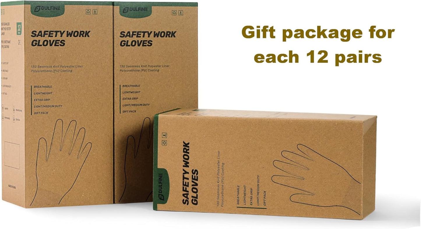 DULFINE Safety Work Gloves for Men PU Coated 12 Pairs Bulk Pack,Hi-Vis Yellow Seamless Knit Glove with thin Polyurethane Coated Smooth Grip on Palm & Fingers,Ideal for General Duty Work (Extra Large)