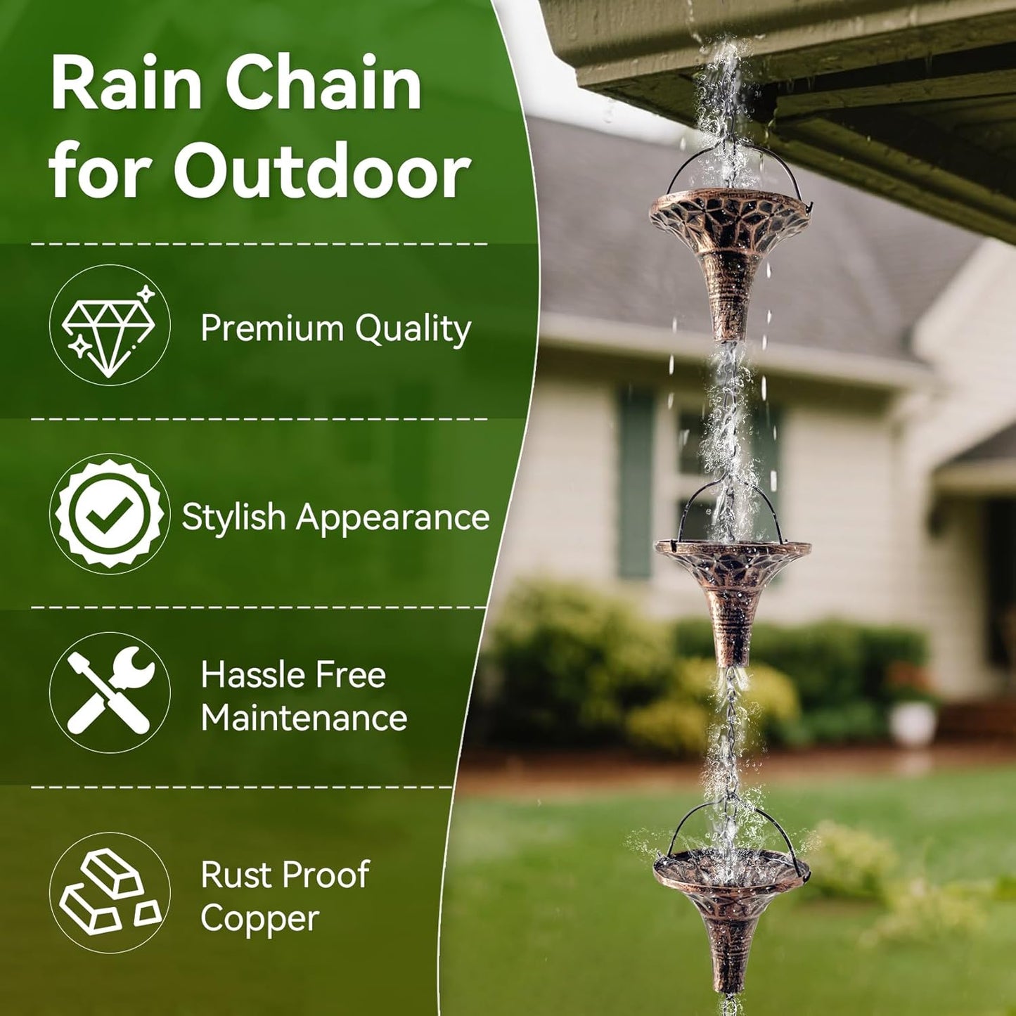Rain Chains for Outside, 8.6FT Gutter Chain with 12 Funnel Cups Rain Catcher Chain Replacement Downspout for Gutters Eaves Drainage Decor, Copper