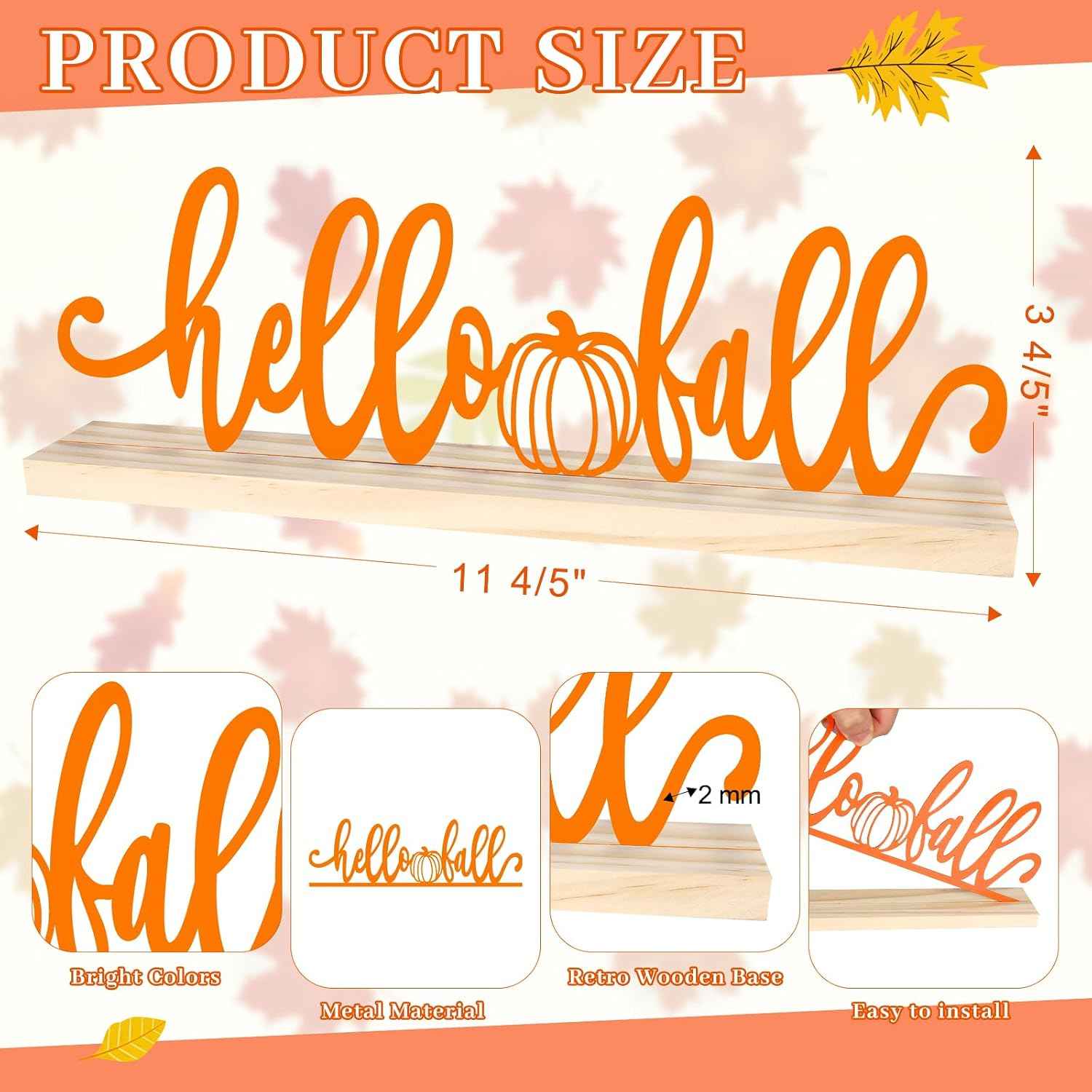 COCHIE Metal Hello Fall Sign, Orange Fall Decorations for Home, Office, Shelf, Mantel, Indoor, Autumn Decoration, Pumpkin Decor (Autumn B)