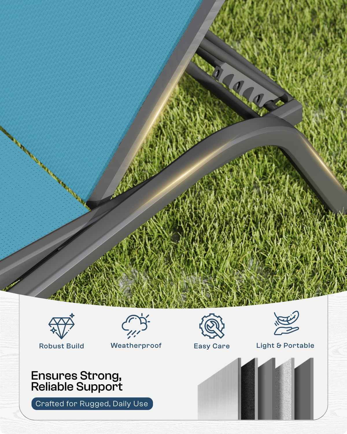 Set of 2 Patio Chaise Lounge Chairs, All-Weather Aluminum Pool Loungers for Outside, 5-Position Adjustable Sunbathing Chair for Deck, Backyard & Poolside, Rust-Proof, Sky Blue