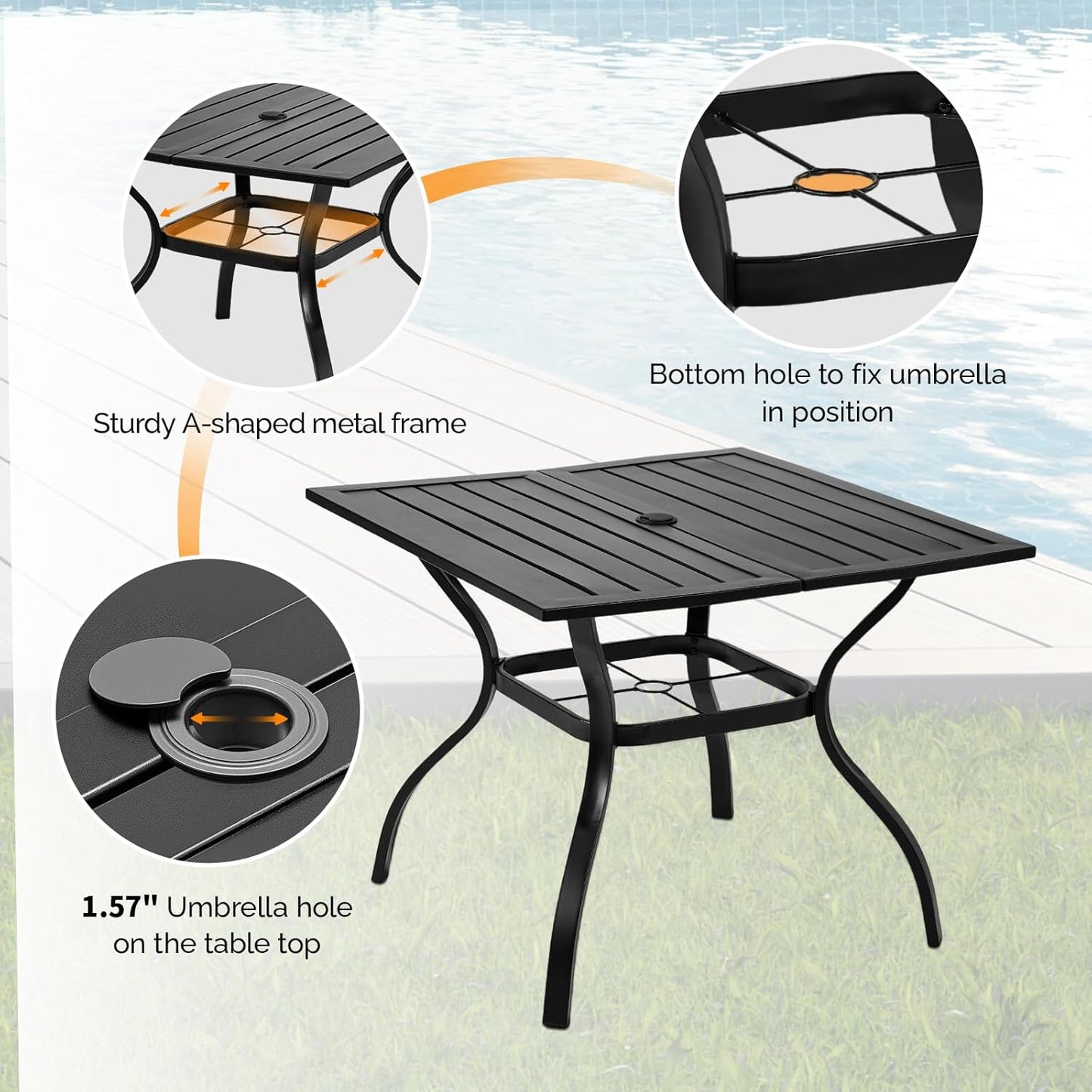 VINGLI 36" Square Patio Table for 4, Metal Outdoor Dining Table with Umbrella Hole, All-Weather Steel Patio Dining Table Outdoor Table for Lawn, Garden, Backyard, Black