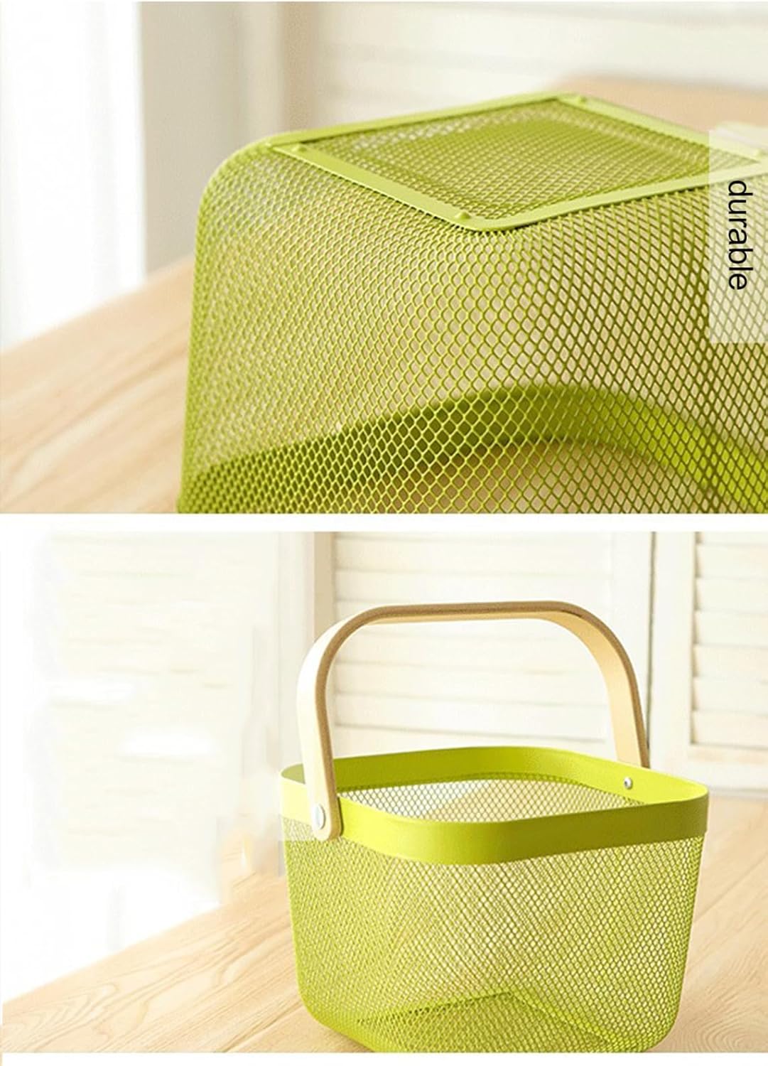 Metal Mesh Steel Basket, Storage Organizer Basket Multi-functional Hanging Kitchen Baskets Fruit Basket with Wooden Handle for Kitchen Bathroom Picnic Shopping Decor Cabinet Home, Macaron Green