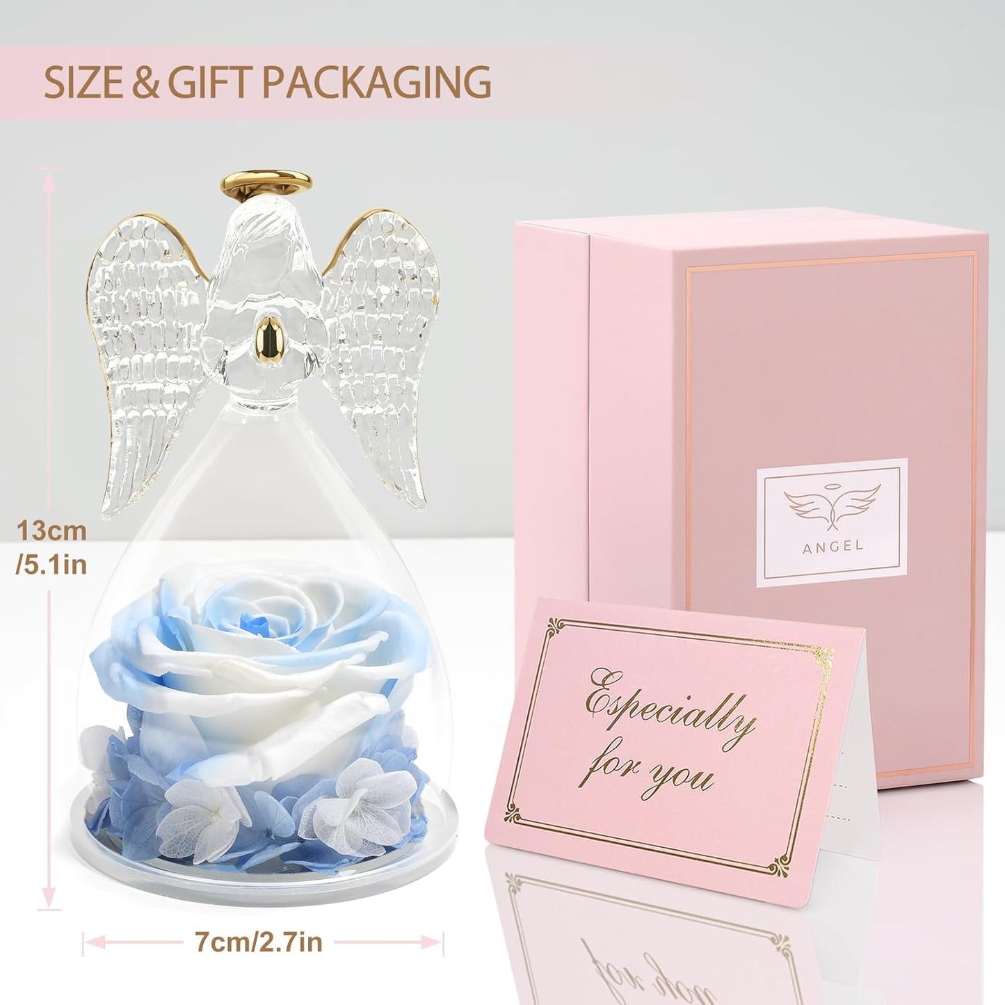 Yamonic Birthday Gifts for Mom Women, Angel Figurines with Real Rose Gifts for Her Mom Grandma, Mothers Day Preserved Flowers Rose for Christmas Valentine's Day (White+Blue)