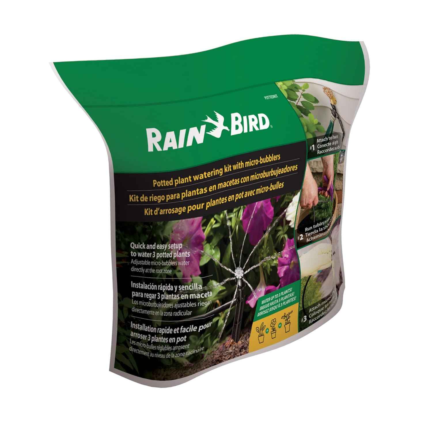 Rain Bird POTTEDKIT Drip Irrigation Container/Potted Plant Watering Kit, Connects to Faucet/Garden Hose, 1/4" Drip Tubing, 360° Micro Bubblers, T-Fittings and Pressure Regulator