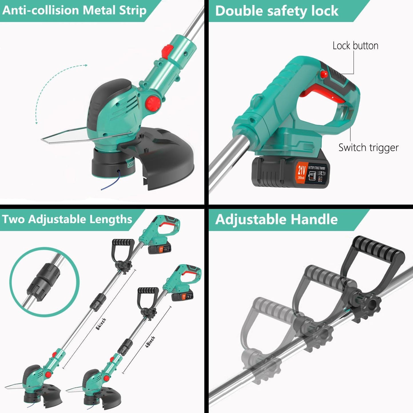 Weed Wacker Battery Operated 21V 2000mAh, 3-in-1 Weedeaters Cordless Brush Cutter Edger Lawn String Trimmer, with 4 Types Blades, 1 Battery, 1 Charger