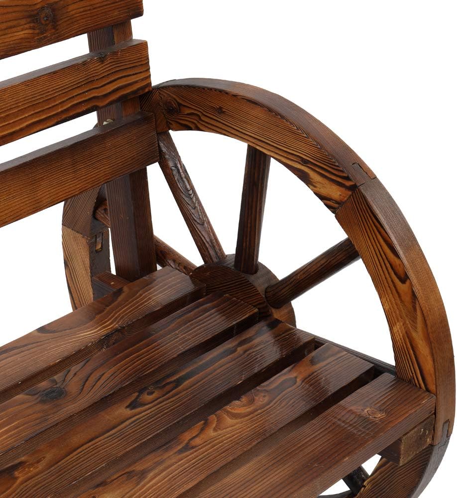 Outdoor Bench, 41 Inch Patio Bench, Rustic Wooden Wheel Bench, Wagon Slatted Seat, Porch Furniture, for Backyard, Patio, Garden, Outdoor Lounge, Brown
