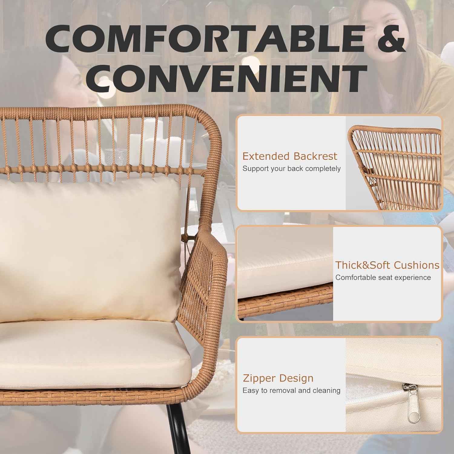 3 Piece Outdoor Wicker Furniture Bistro Set, Rattan Chairs Conversation Sets Wicker Patio Furniture for Balcony Poolside Backyard, Yellow/Beige