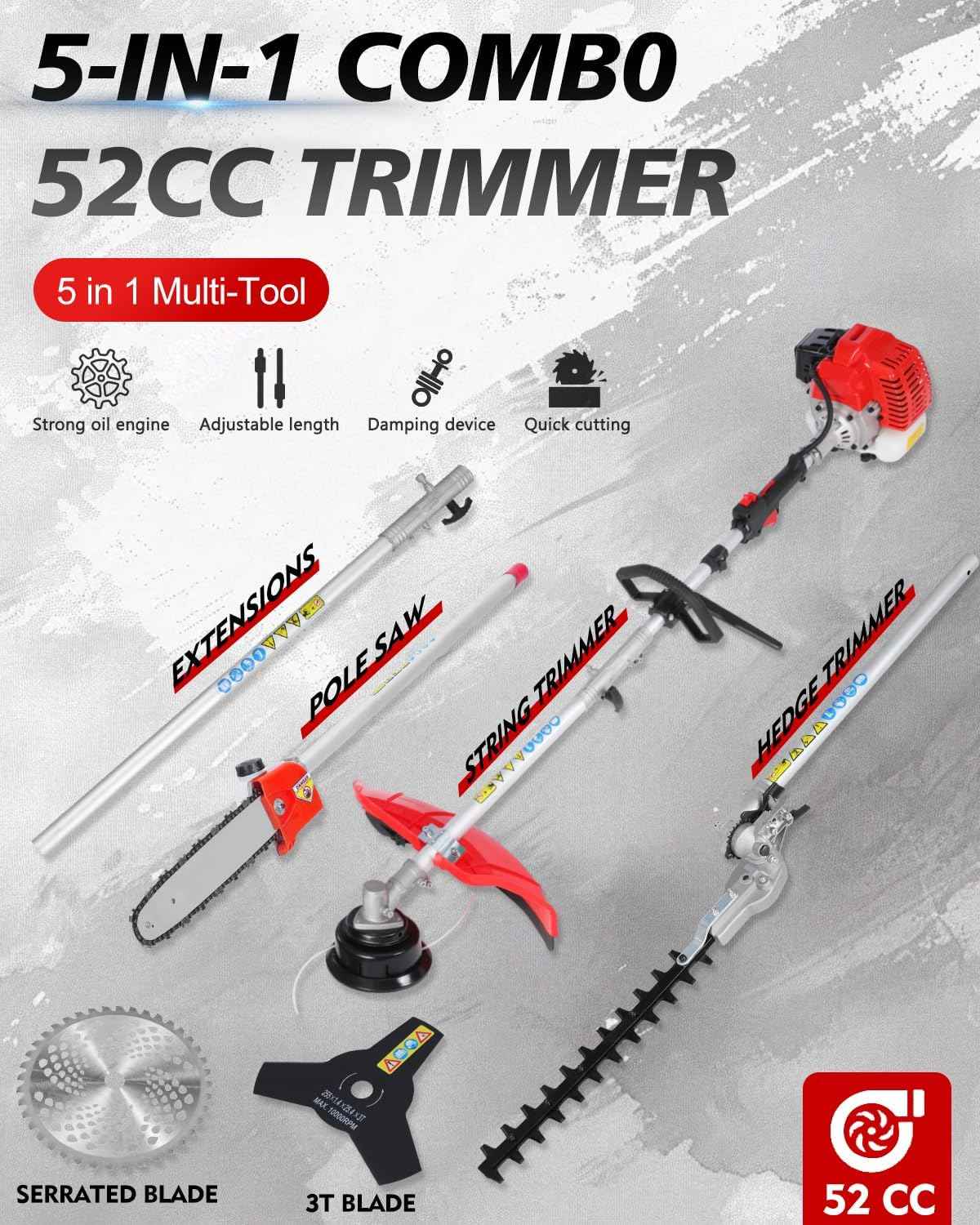 5-in-1 Weed Wacker Gas Powered – 52CC 2-Stroke String Trimmer/Edger, Pole Saw, Hedge Trimmer and Brush Cutter Blade with Extension Pole – Gas Powered Yard Tool for Landscaping (Red)