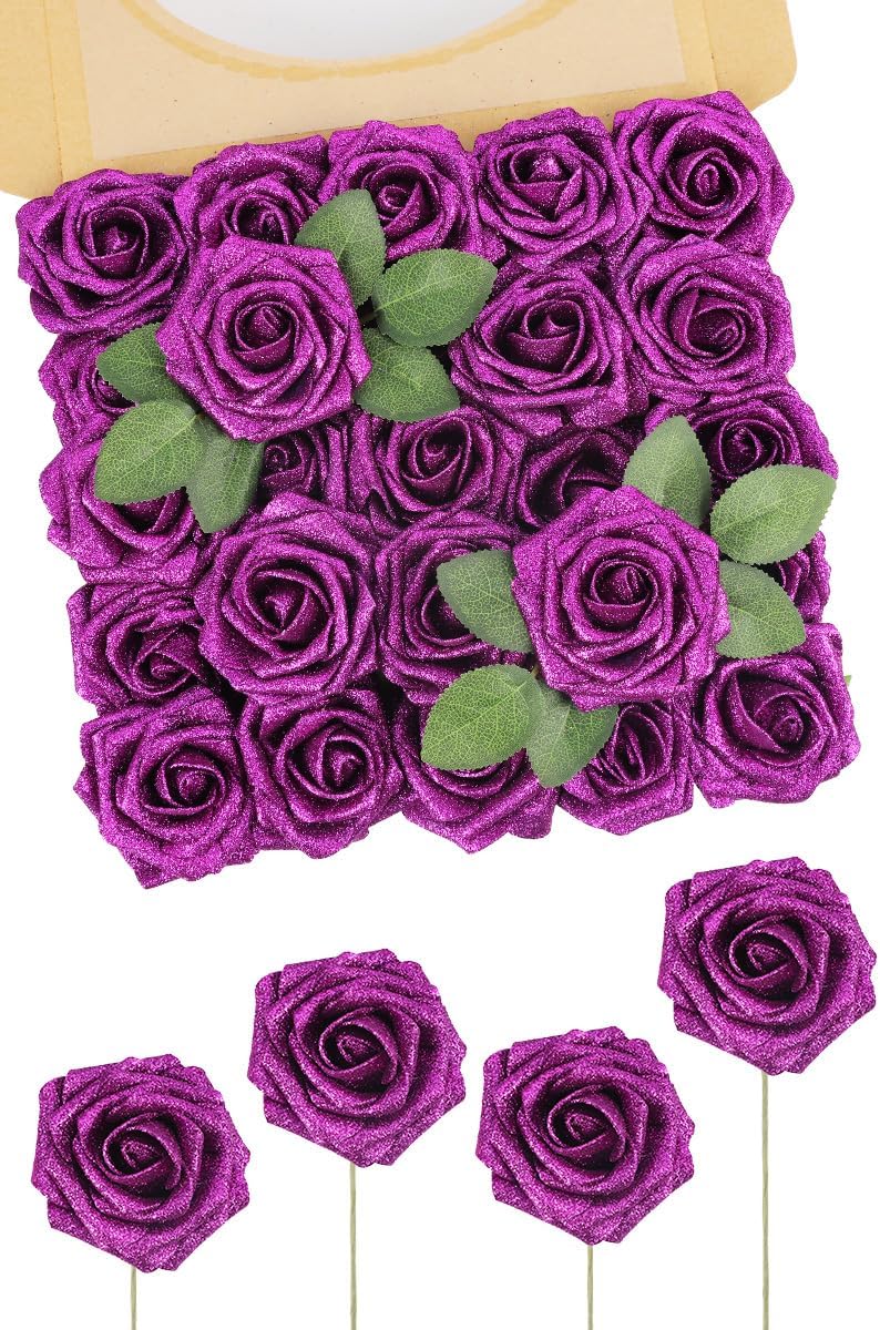 N&T NIETING Artificial Flowers Glowing Purple Flowers Foam 50pcs Glitter Roses Real Looking Fake Roses with Stem for DIY Wedding Bouquets Centerpieces Bridal Shower Party Home Decorations