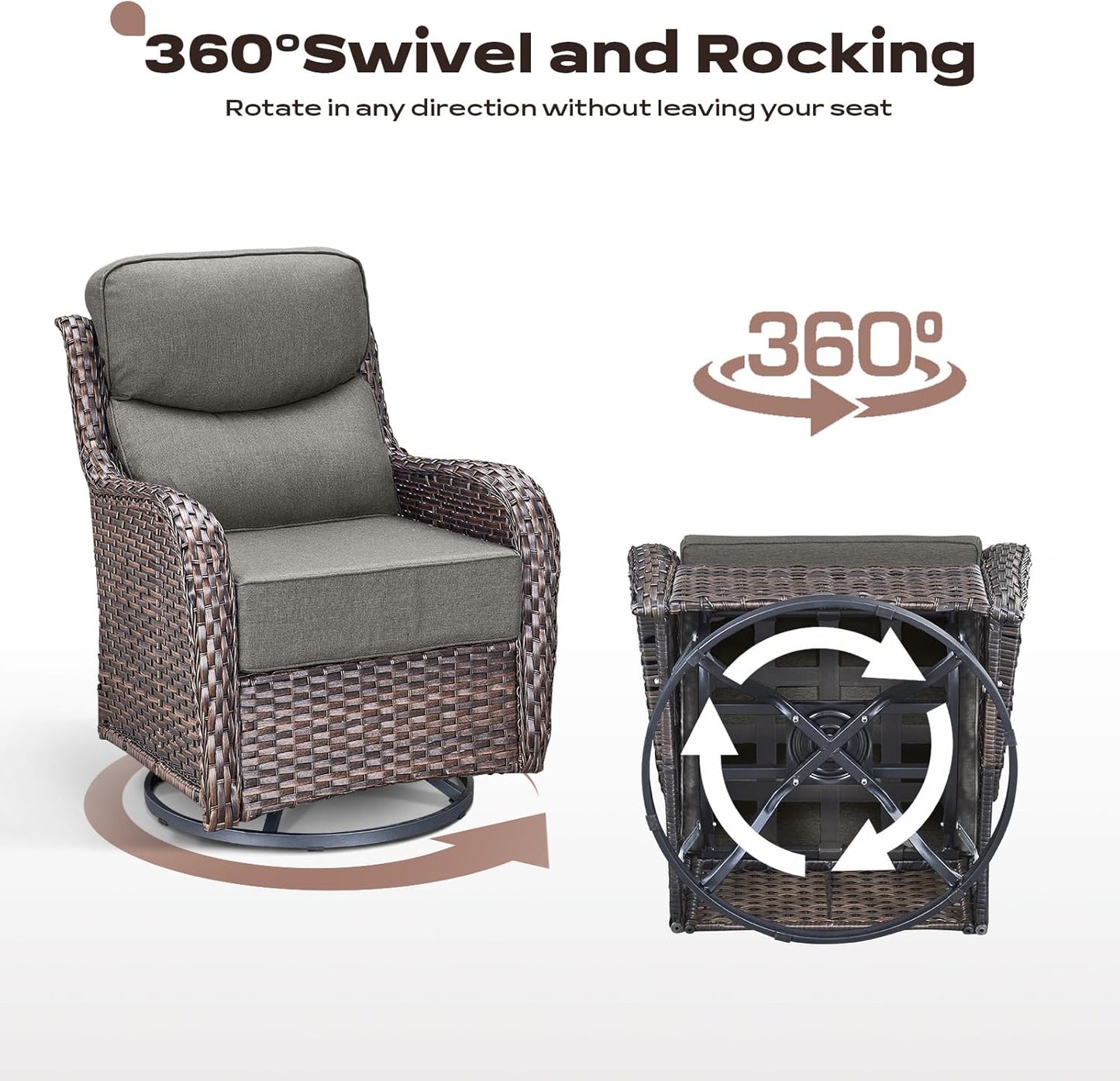 Wicker Outdoor Patio Furniture Set - 4 Piece Patio Conversation Set with Swivel Rocker Chairs and Ottomans, 6 inch Cushions, High Back, Deep Seating, for Porch Deck Garden Brown/Grey