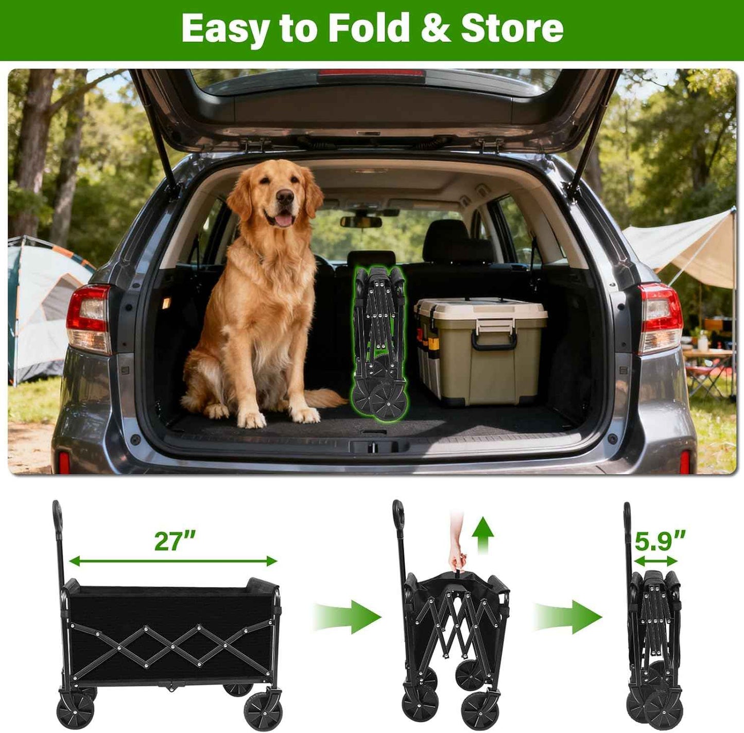 Folding Wagon Cart with All-Terrain Wheels – Heavy Duty Collapsible Utility Wagon for Grocery, Sports, Garden, Camping, Shopping (Black 360LBS)