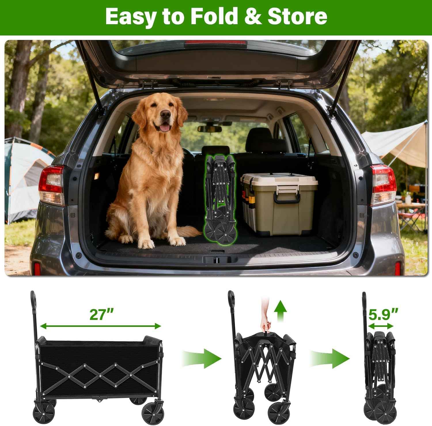 Folding Wagon Cart with All-Terrain Wheels – Heavy Duty Collapsible Utility Wagon for Grocery, Sports, Garden, Camping, Shopping (Black 360LBS)