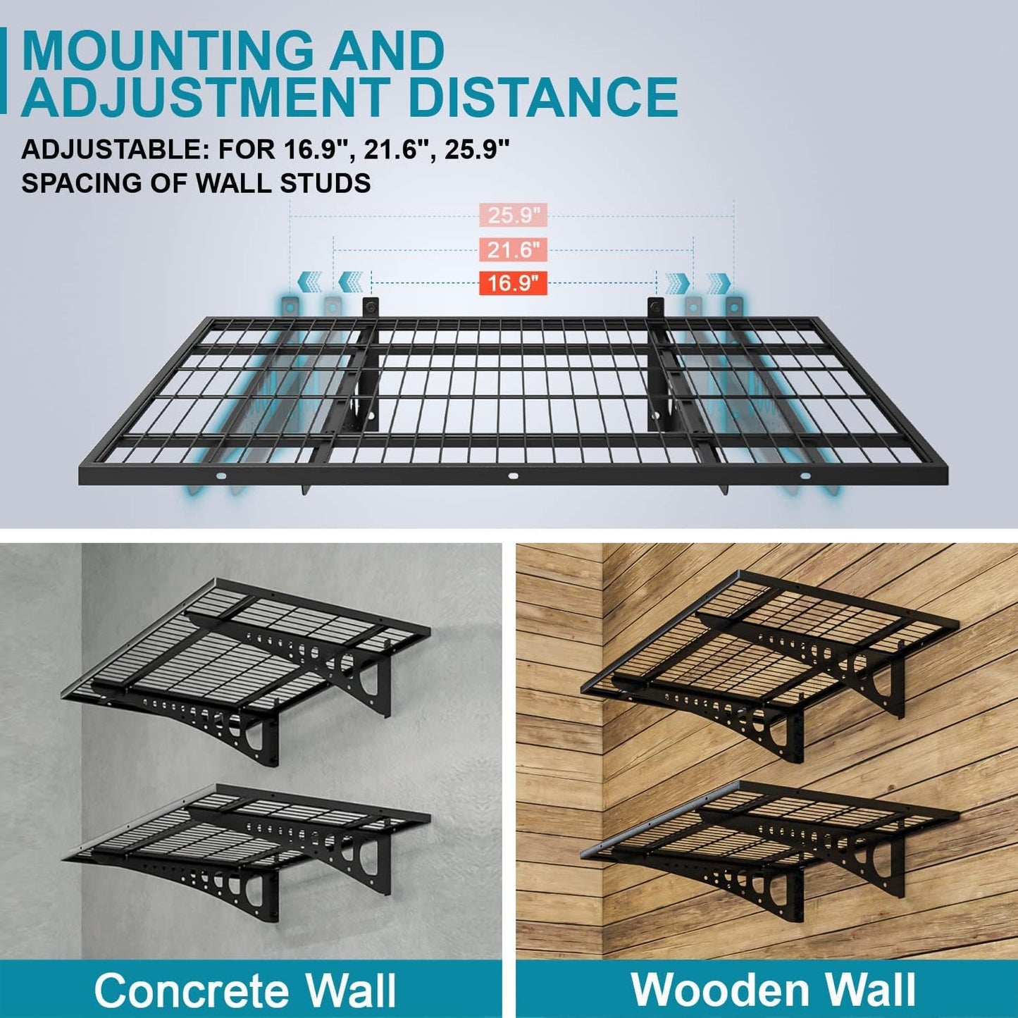 4-Pack 2×3ft(24×36 inch) Garage Wall Shelving, 1000 lbs Load Capacity, Garage Wall Mounted Shelves, Heavy Duty Shelf with Hooks, Black