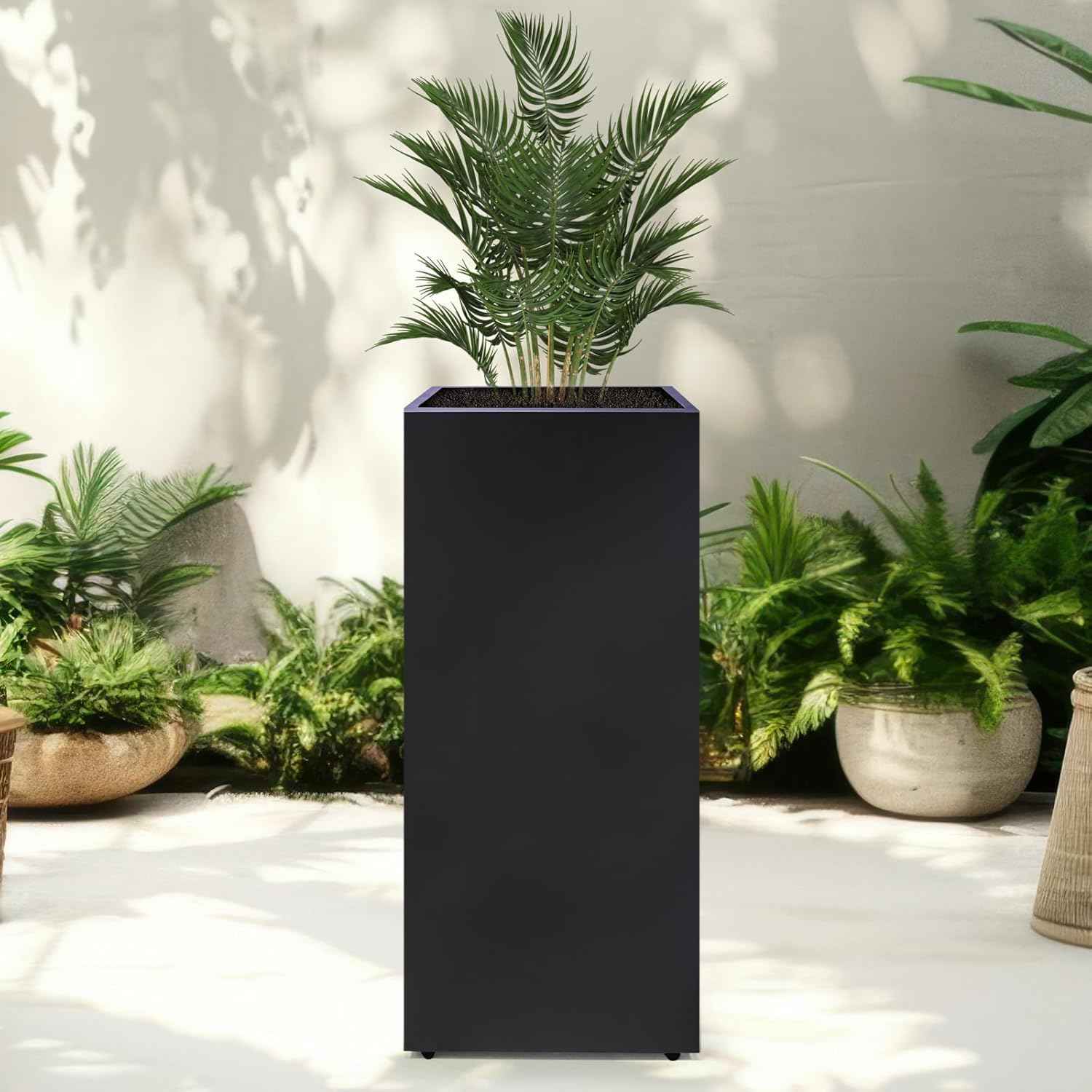 Metal Planter Box Rectangular Block -30 ×12×12IN No Installation Required Galvanized Steel Tall Box Planter Modern Outdoor Planters All-Weather Use with Drainage Holes for Patio/Porch (Black)