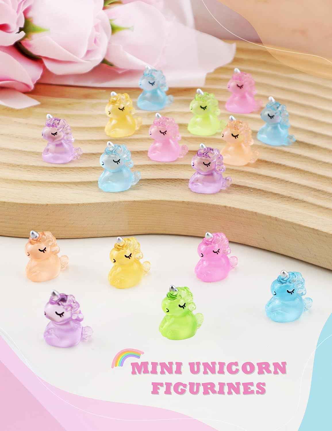 100 PCS Luminous Mini Resin Unicorn Figurines, Tiny Unicorn Miniature Figurines Glow in The Dark for DIY Cake Ornaments, Garden, Landscape, Birthday Party, Room Crafts Decor