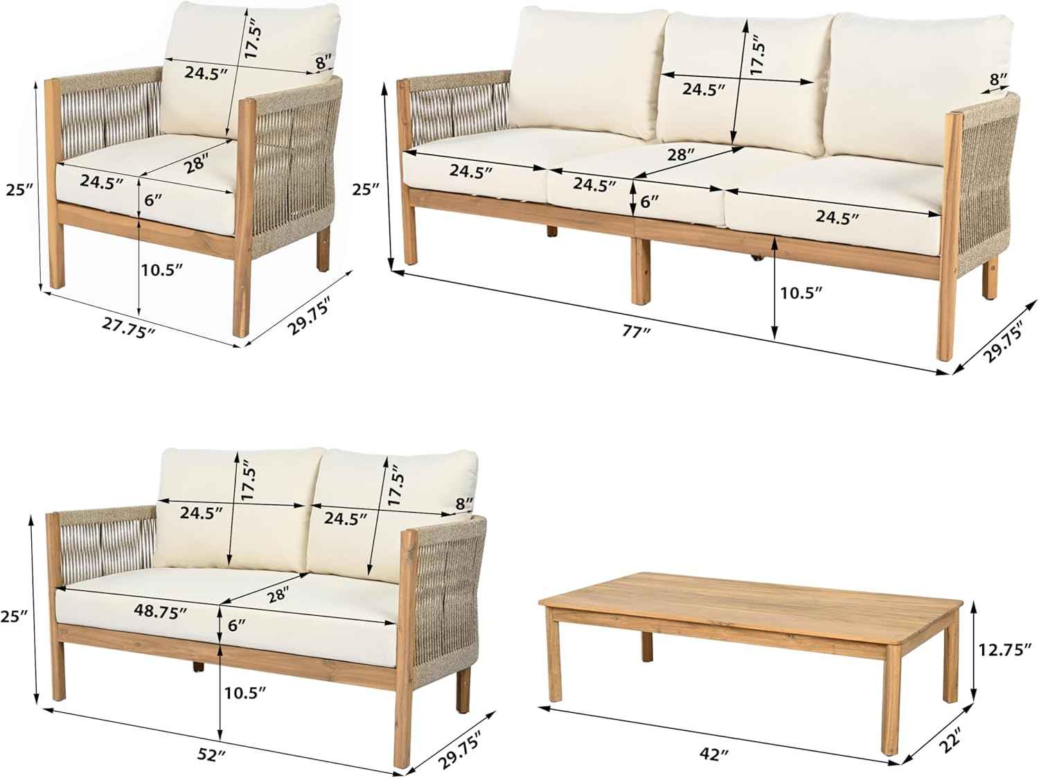 Christopher Knight Home Havets 5 Pieces Outdoor Acacia Furniture Set, Woven Rope Loveseat and Accent Club Chairs, 6" Thick Cushions Sofa and Coffee Table Set for Backyard Garden Balcony, Teak+Beige