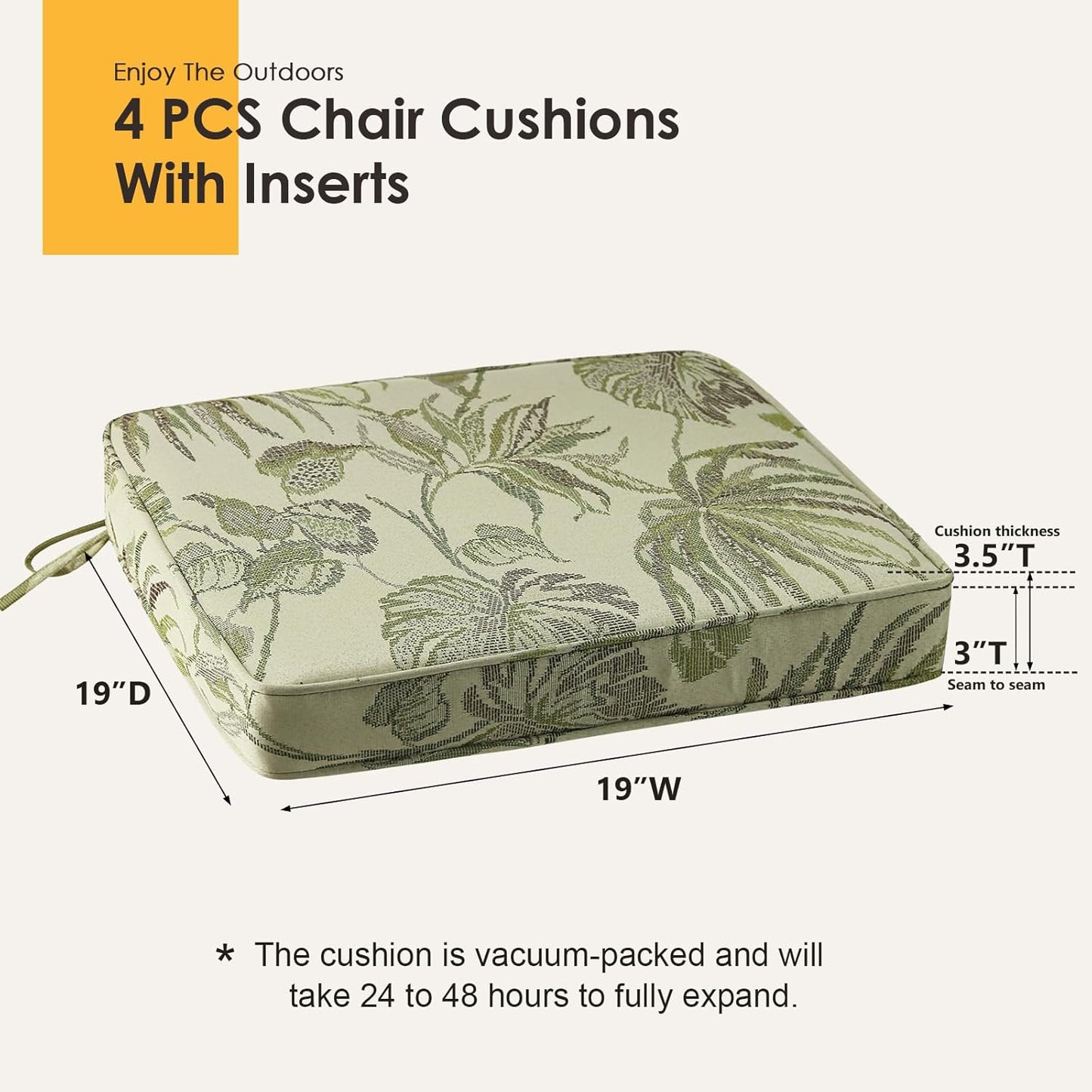 Outdoor Square Corner Seat Cushion, 19"x19"x3", Set of 4, Non Slip Seat Cushion Pads with Removable Cover for Patio Furniture, Garden Yard Lawn, Dark Green Vine