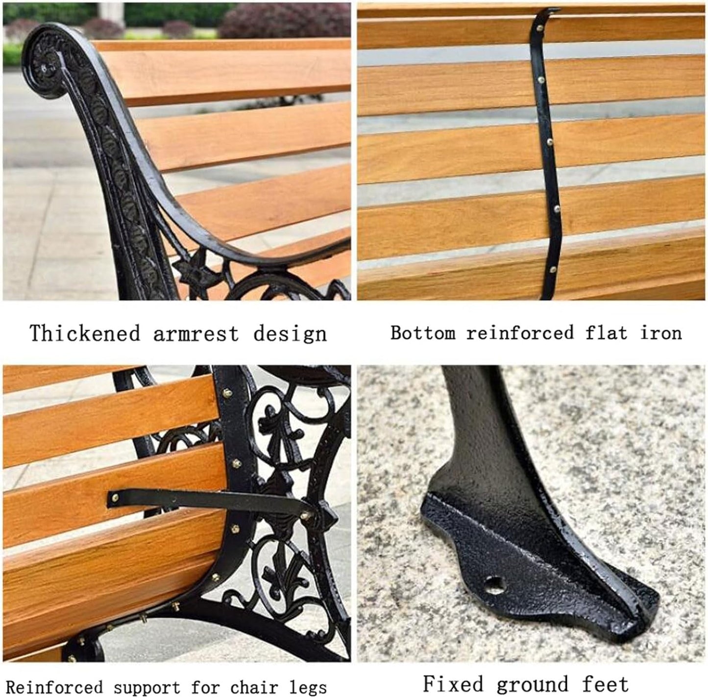 Outdoor Solid Wood Garden Park Bench for 2-3 People, Weatherproof Patio Lawn Bench Porch Seat with Cast Iron Frame, Porch/Deck/Patio Furniture Bench with Backrest and Armrests(Teak+Black Chair Legs,12